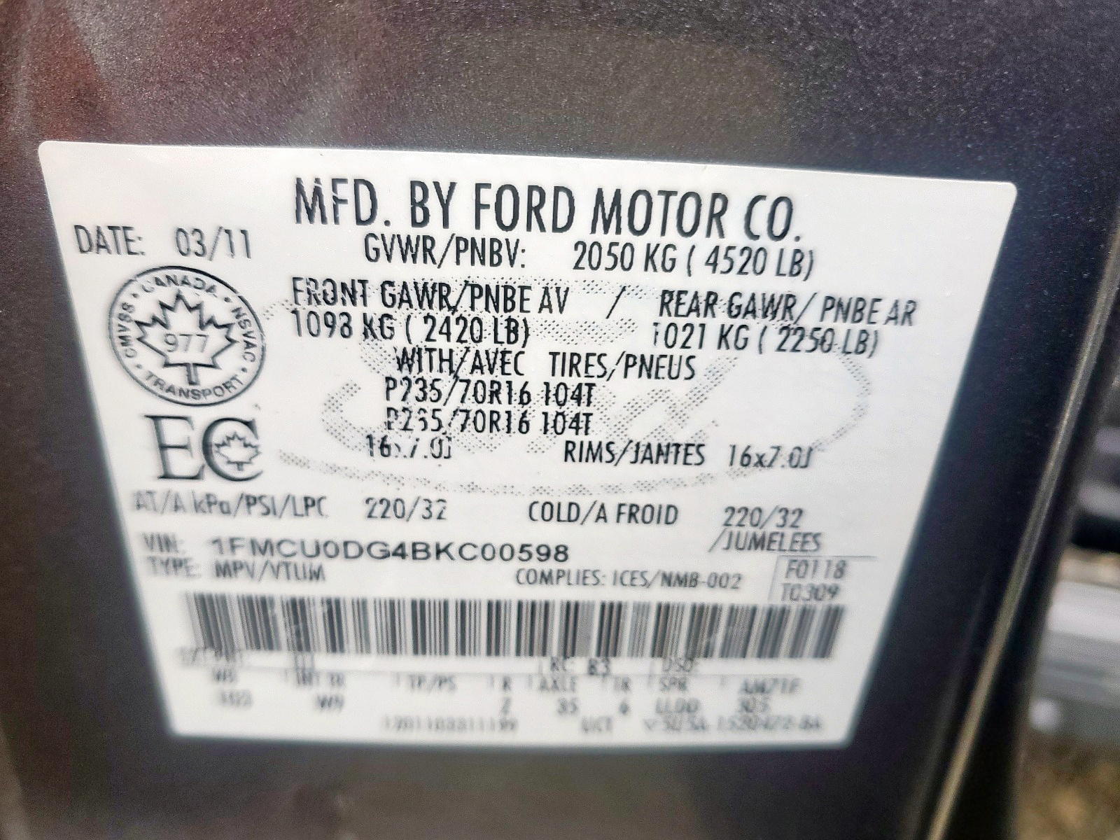 Photo 10 from auction – 2011 FORD ESCAPE XLT with VIN 1FMCU0DG4BKC00598