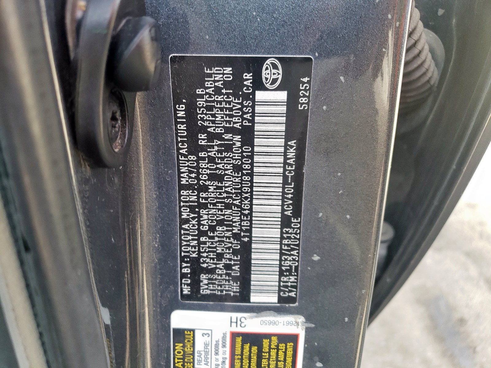 Photo 10 from auction – 2009 TOYOTA CAMRY BASE with VIN 4T1BE46KX9U818010