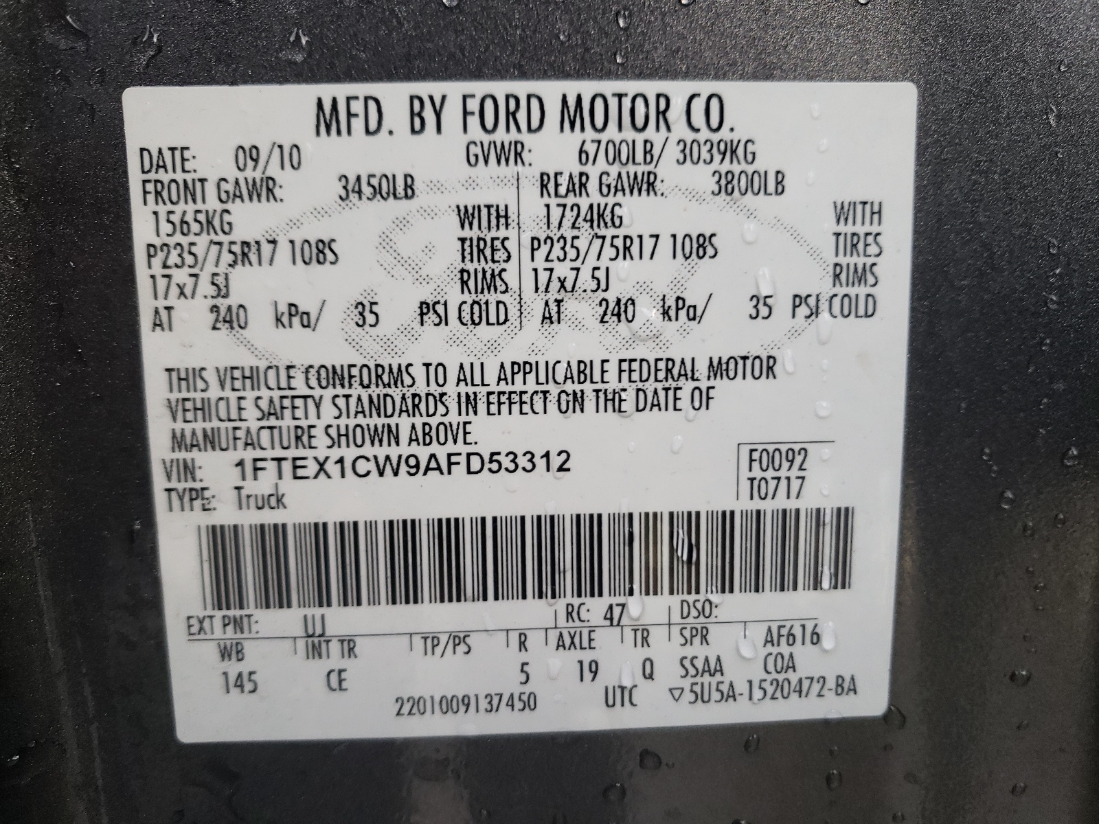 Photo 10 from auction – 2010 FORD F150 SUPER with VIN 1FTEX1CW9AFD53312
