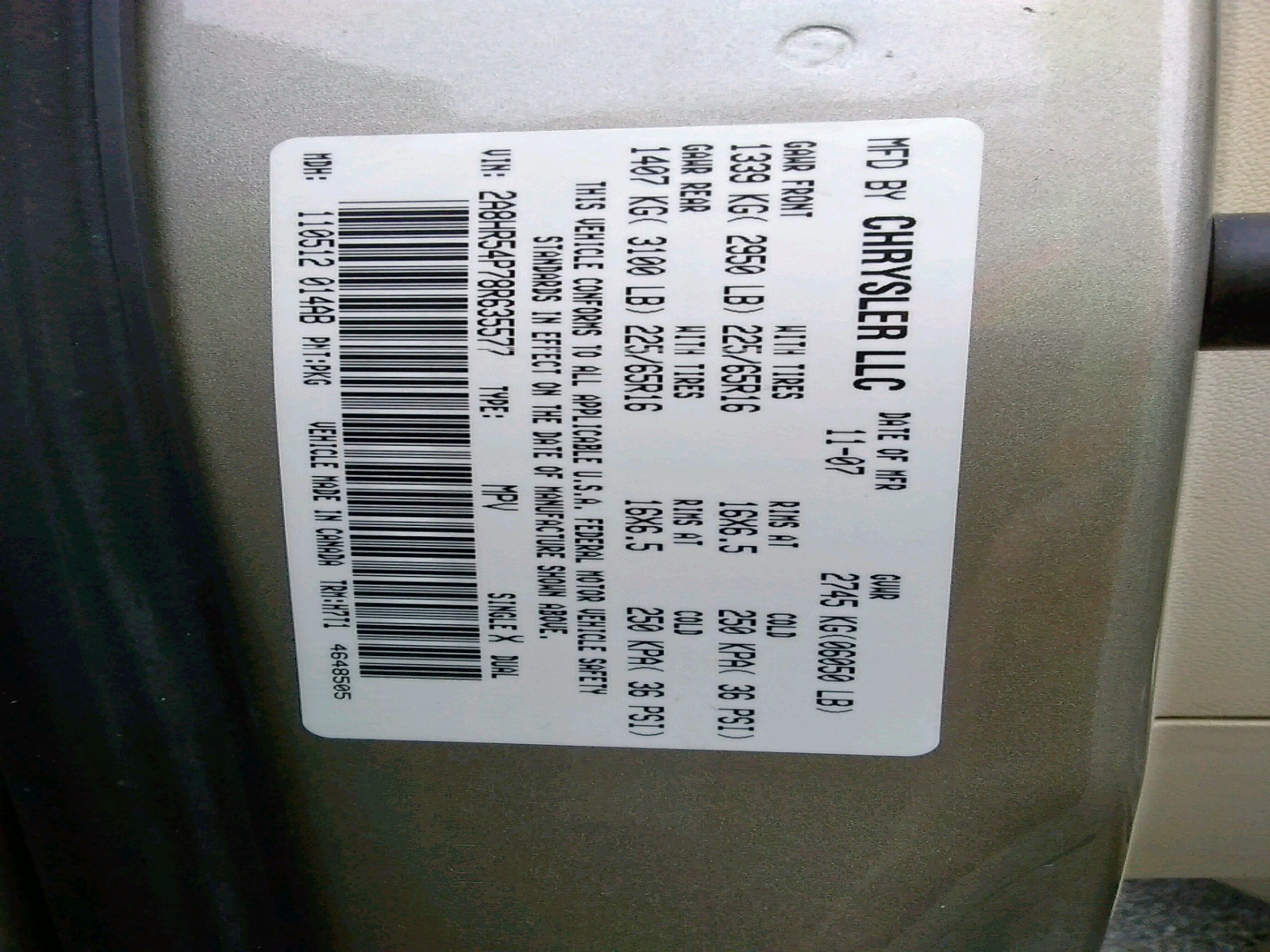 Photo 10 from auction – 2008 CHRYSLER TOWN & COU with VIN 2A8HR54P78R635577