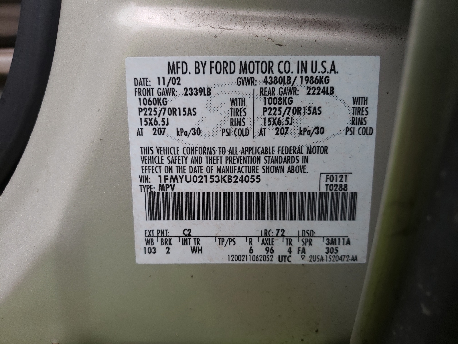 Photo 10 from auction – 2003 FORD ESCAPE XLS with VIN 1FMYU02153KB24055