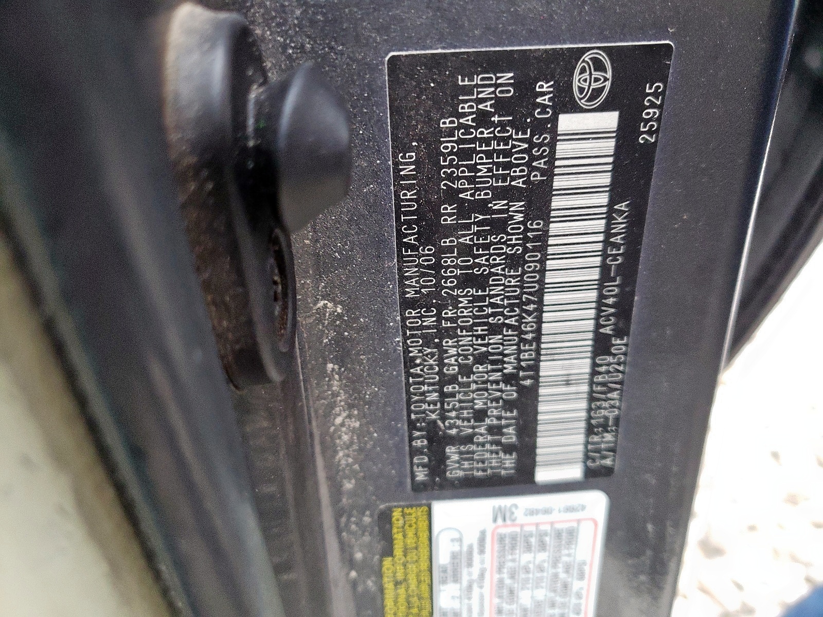 Photo 10 from auction – 2007 TOYOTA CAMRY CE with VIN 4T1BE46K47U090116