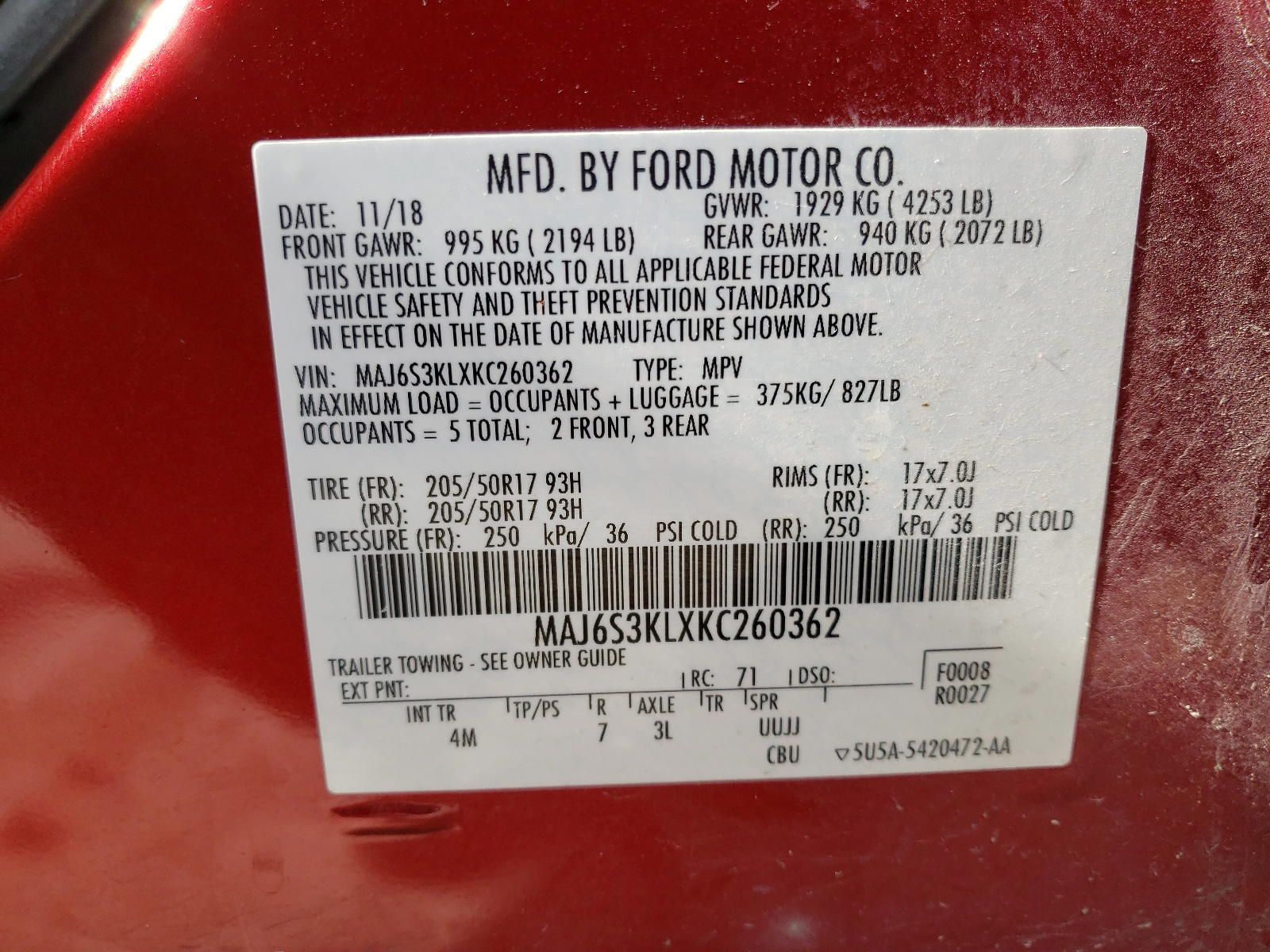 Photo 10 from auction – 2019 FORD ECOSPORT T with VIN MAJ6S3KLXKC260362