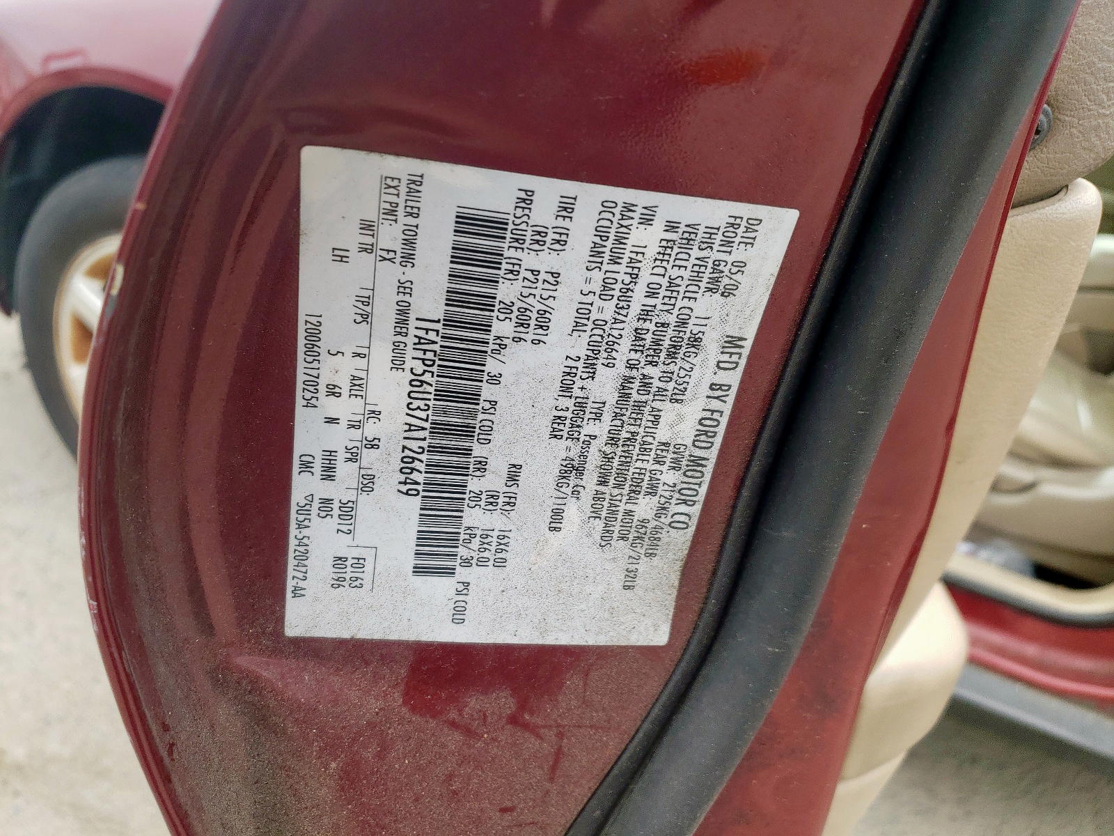 Photo 10 from auction – 2007 FORD TAURUS SEL with VIN 1FAFP56U37A126649