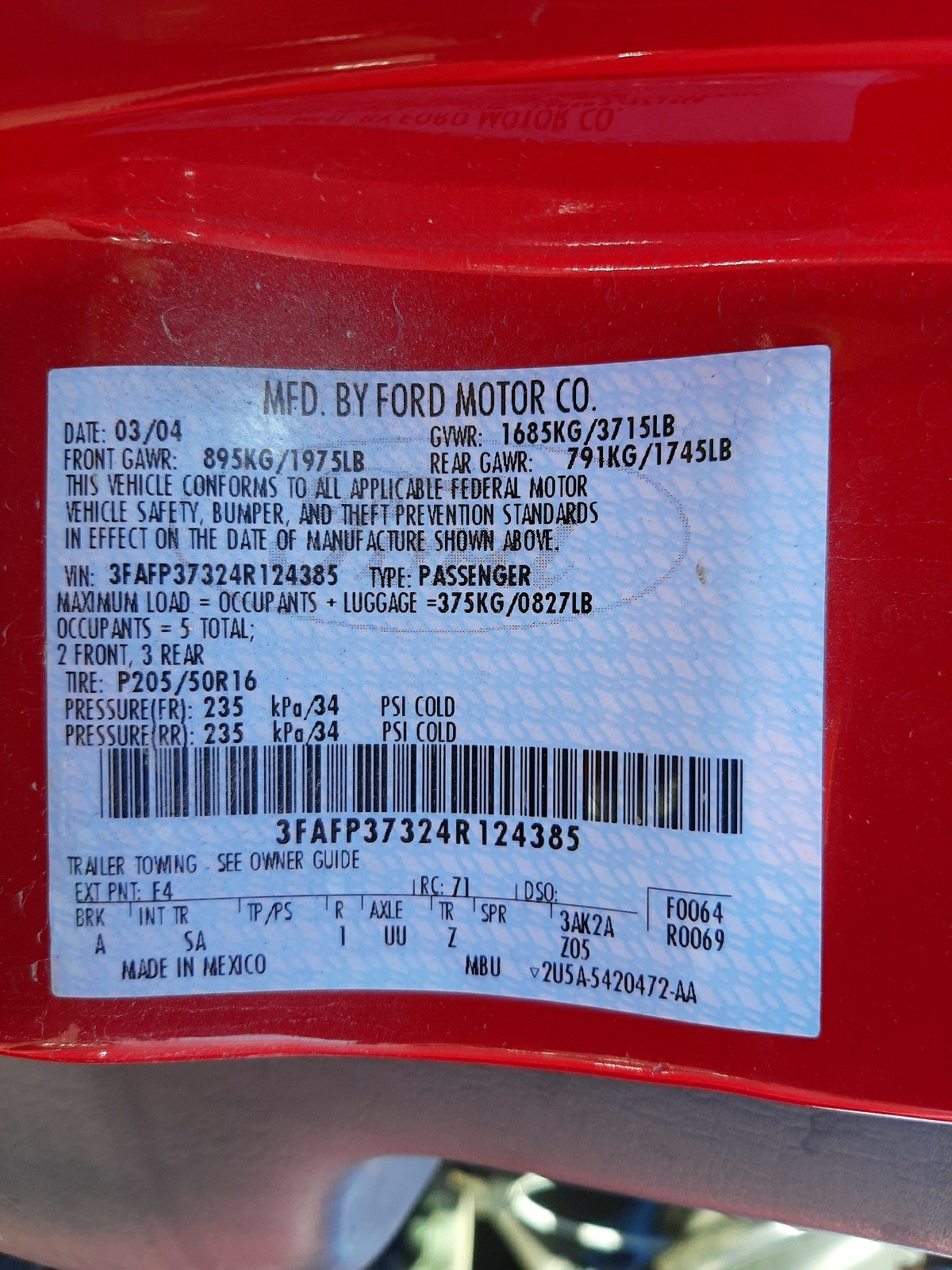 Photo 10 from auction – 2004 FORD FOCUS ZX5 with VIN 3FAFP37324R124385