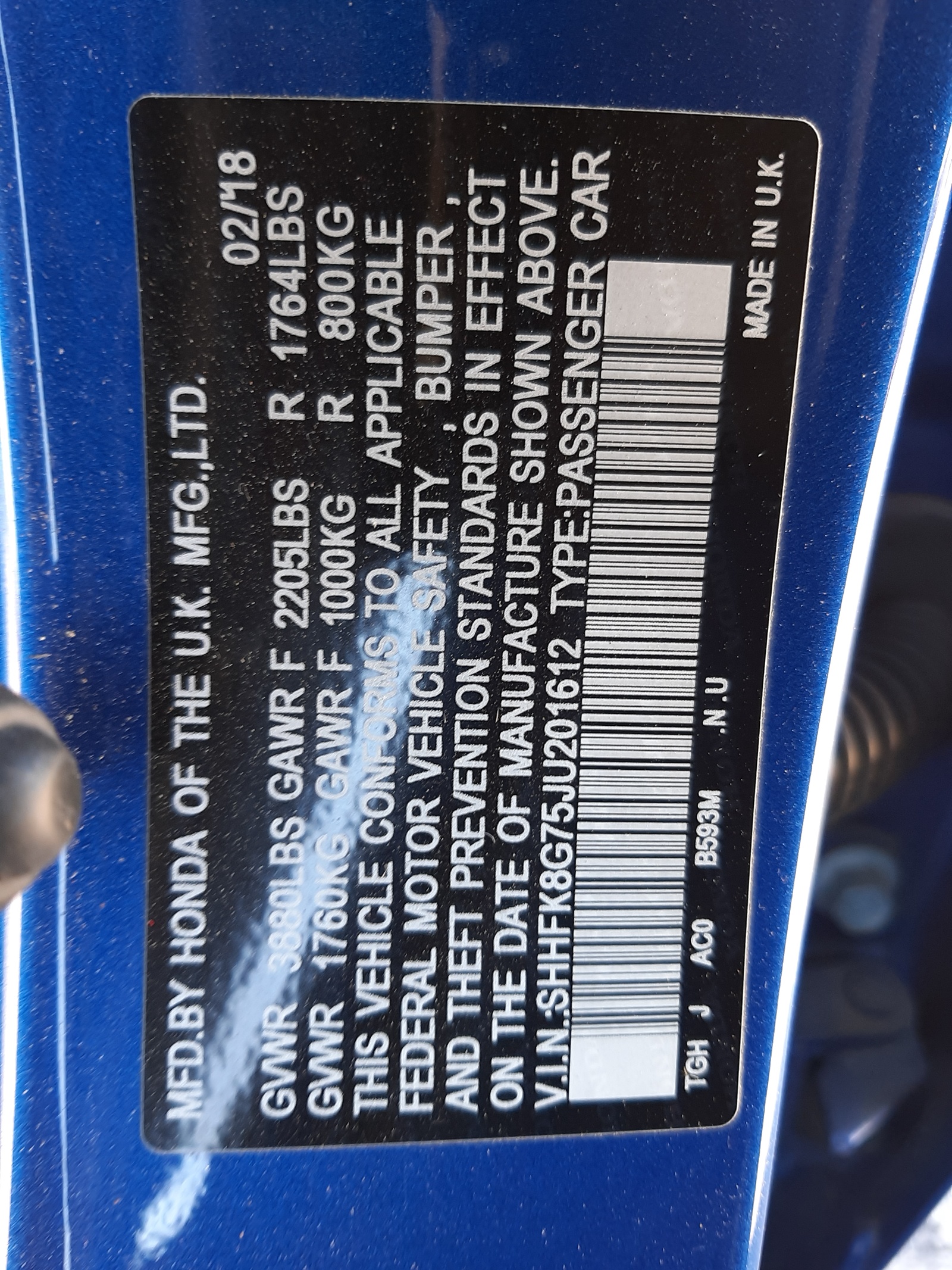 Photo 10 from auction – 2018 HONDA CIVIC TYPE with VIN SHHFK8G75JU201612