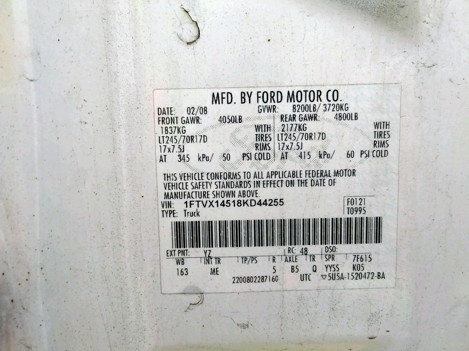 Photo 10 from auction – 2008 FORD F150 with VIN 1FTVX14518KD44255