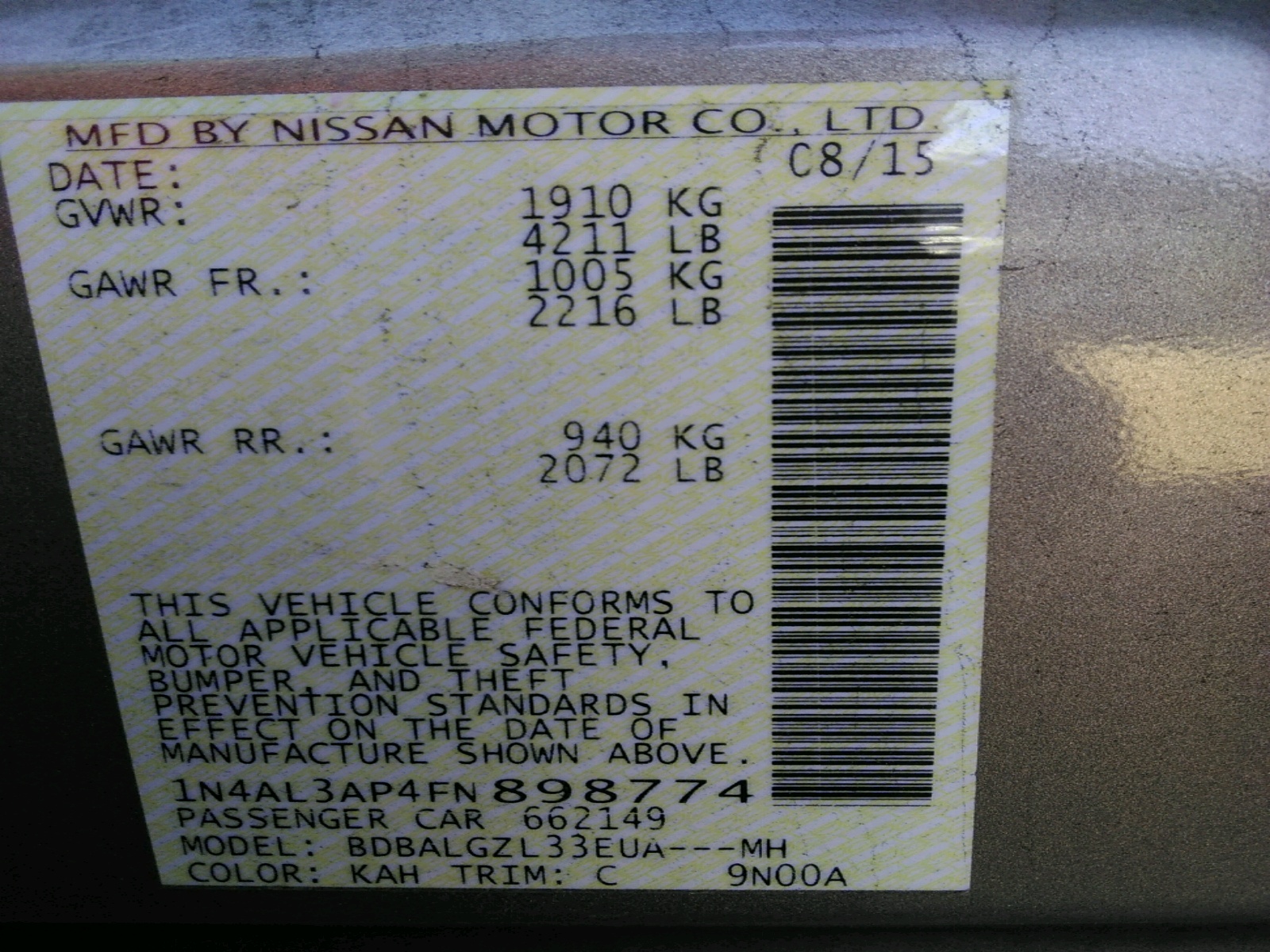 Photo 10 from auction – 2015 NISSAN ALTIMA 2.5 with VIN 1N4AL3AP4FN898774