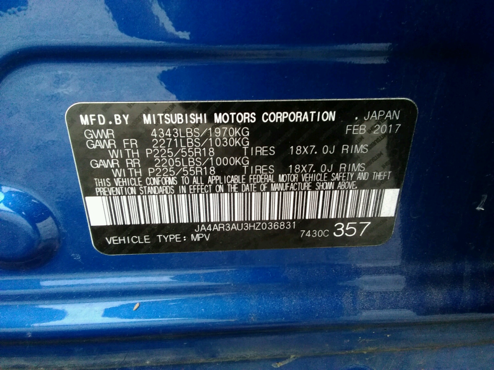 Photo 10 from auction – 2017 MITSUBISHI OUTLANDER with VIN JA4AR3AU3HZ036831