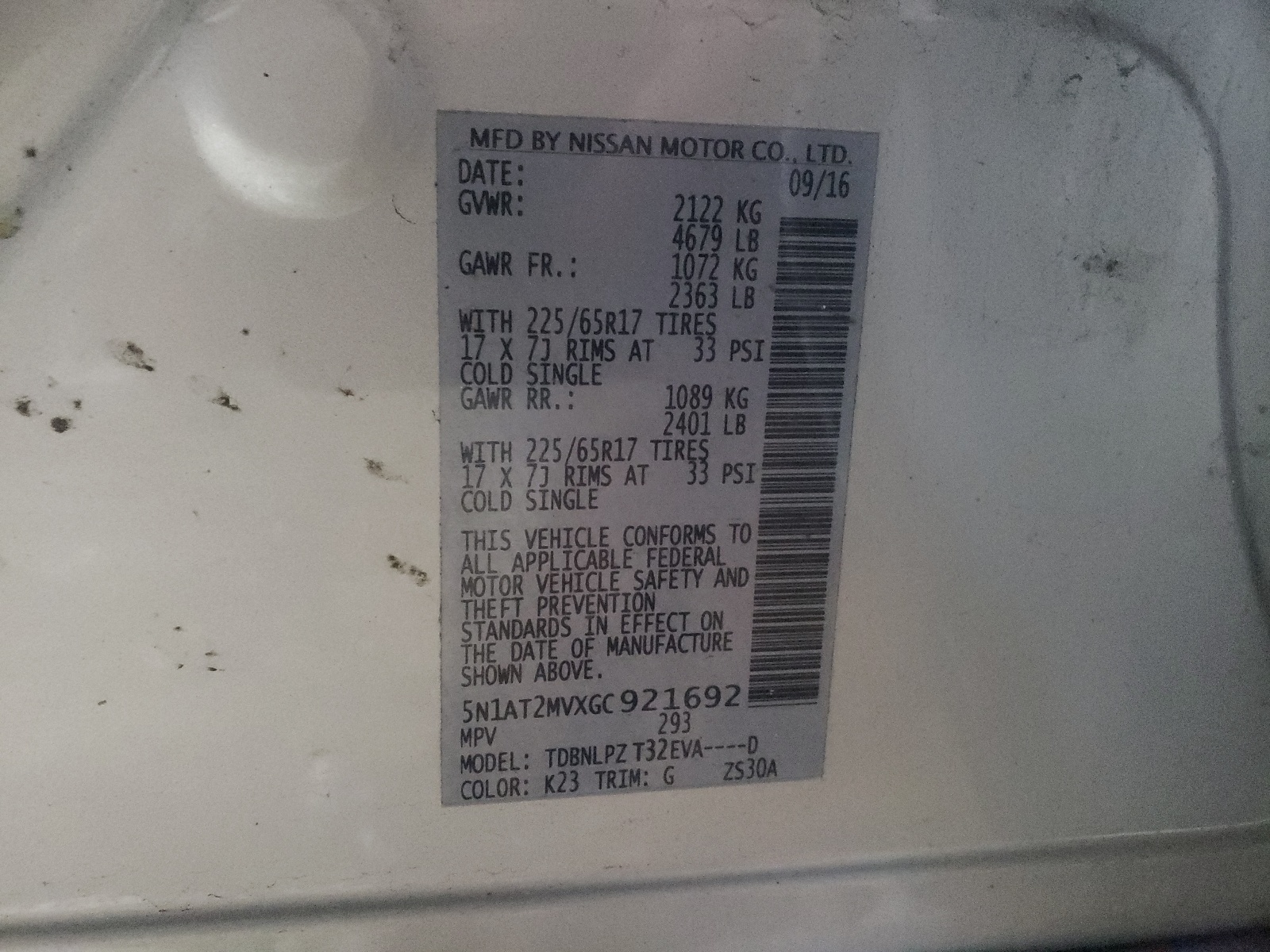 Photo 10 from auction – 2016 NISSAN ROGUE S with VIN 5N1AT2MVXGC921692
