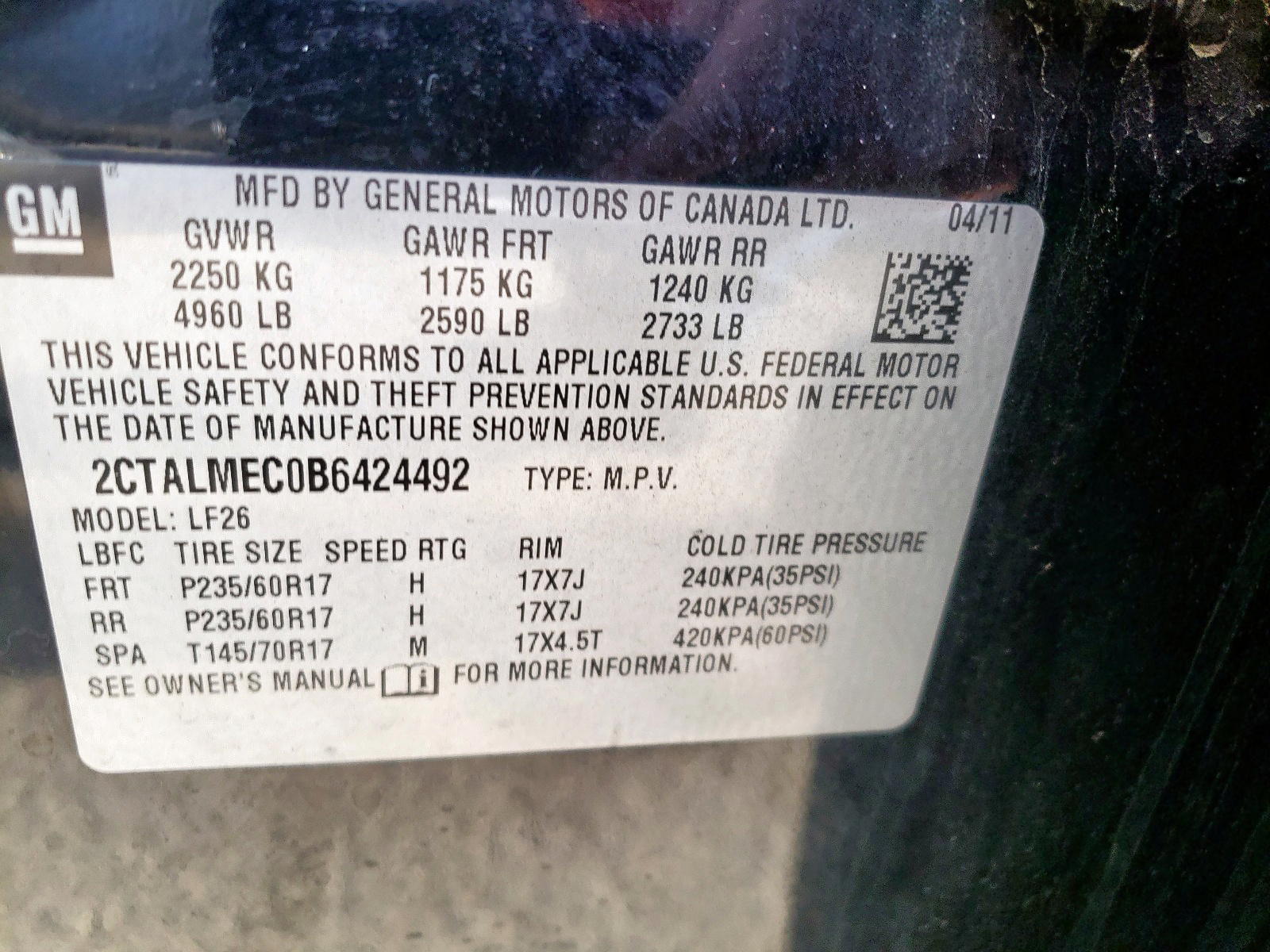 Photo 10 from auction – 2011 GMC TERRAIN SL with VIN 2CTALMEC0B6424492