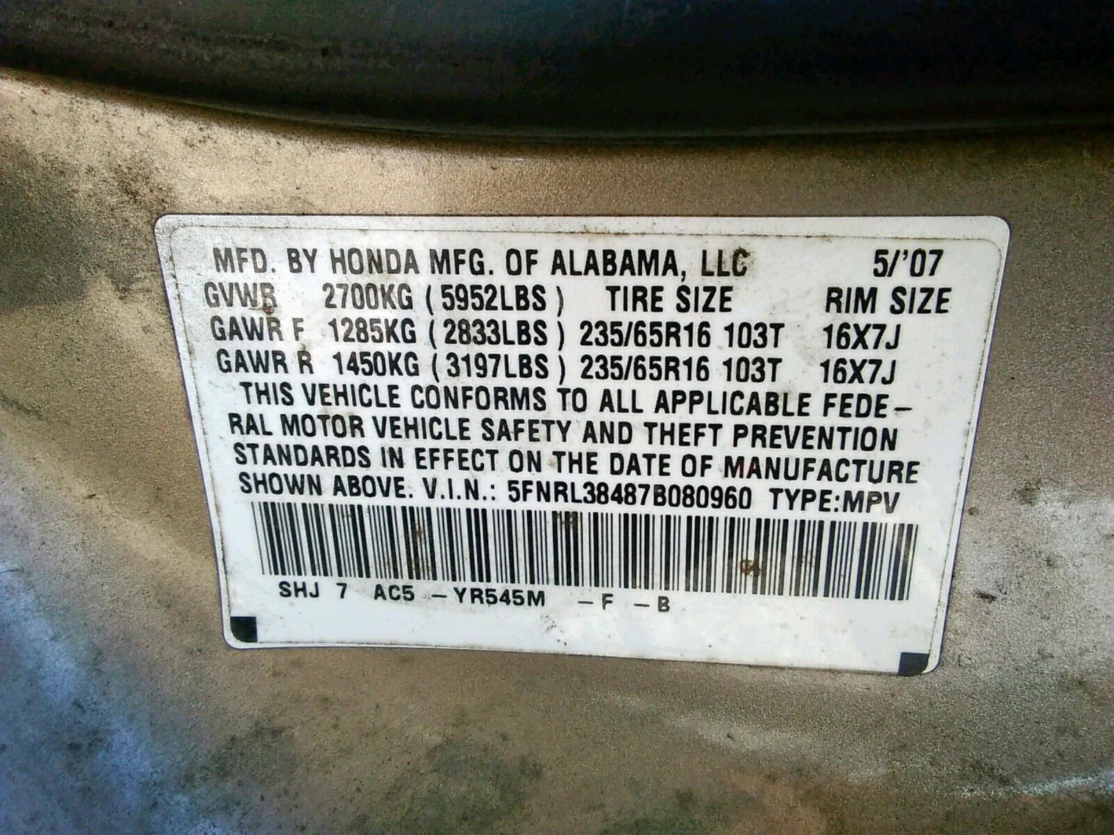 Photo 10 from auction – 2007 HONDA ODYSSEY EX with VIN 5FNRL38487B080960