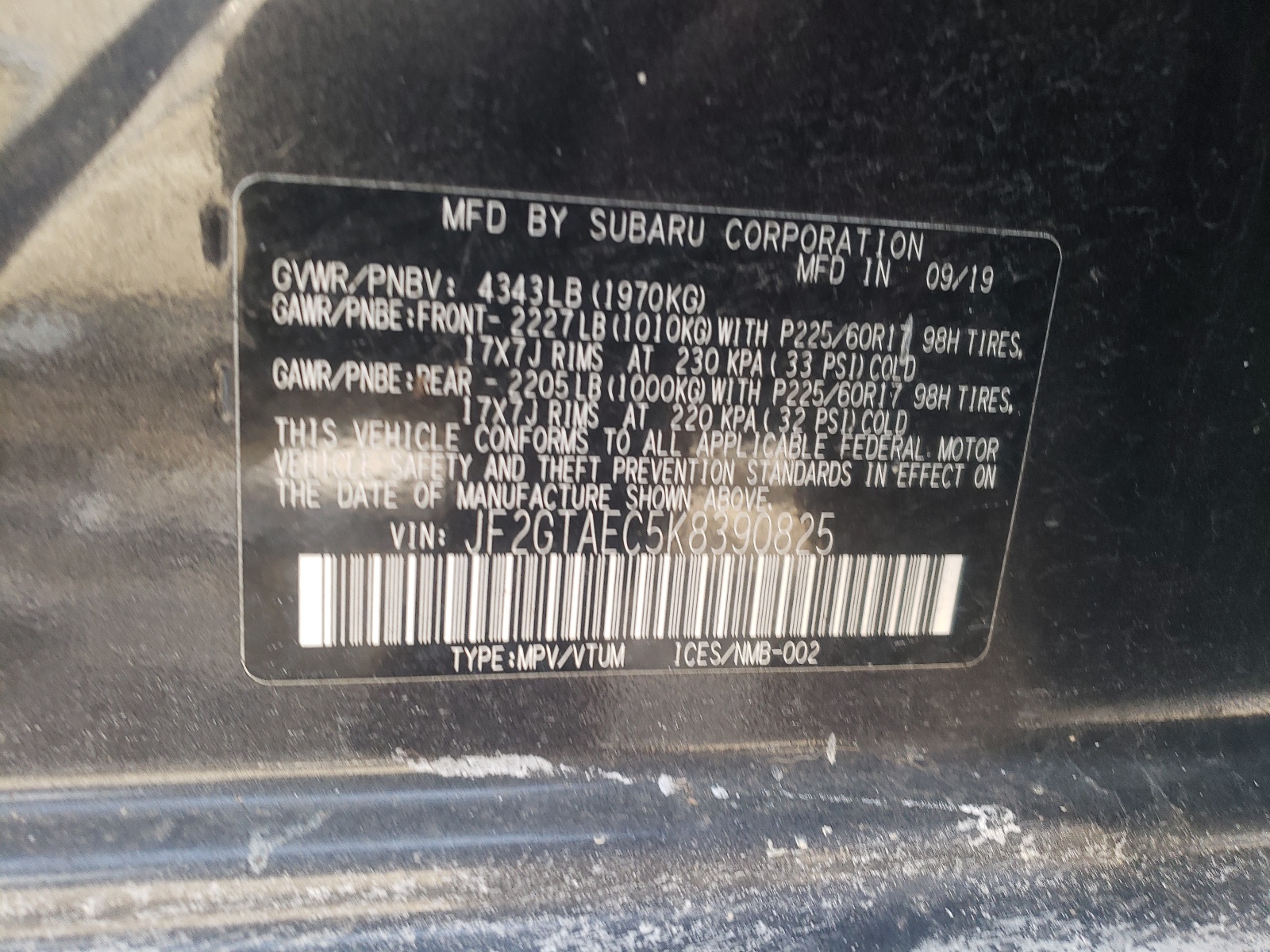Photo 10 from auction – 2019 SUBARU CROSSTREK with VIN JF2GTAEC5K8390825