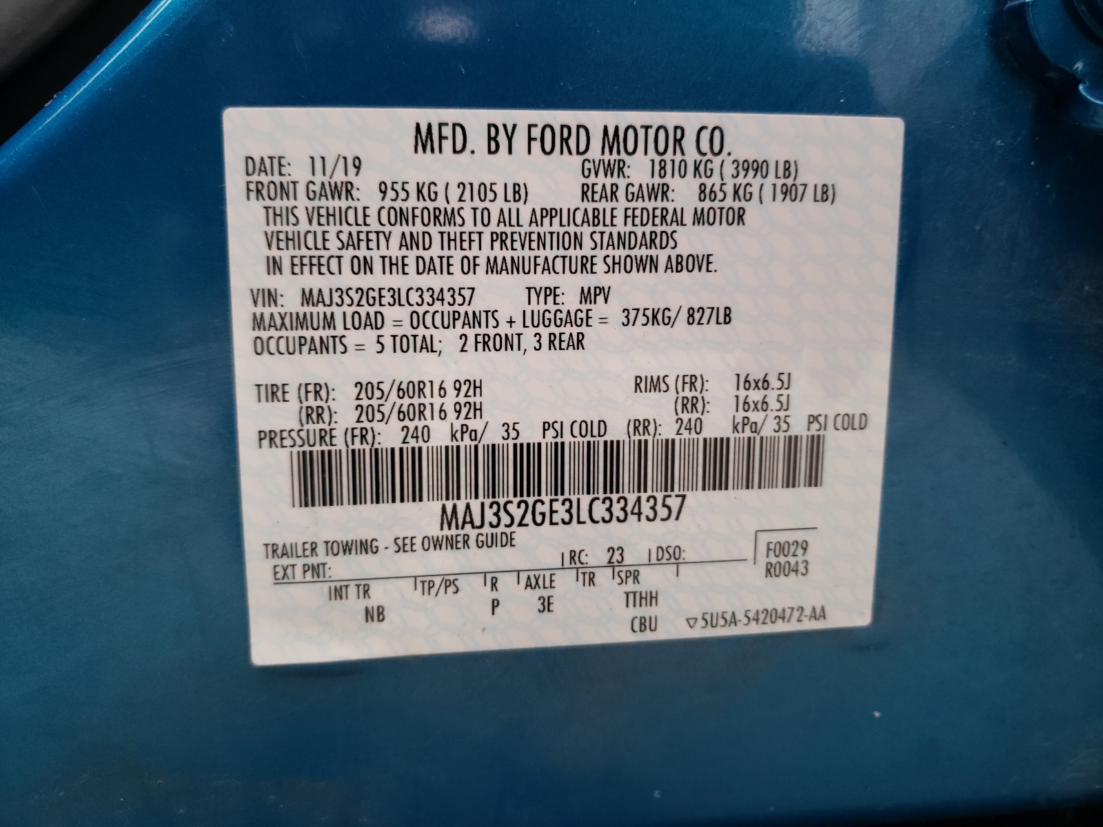 Photo 10 from auction – 2020 FORD ECOSPORT S with VIN MAJ3S2GE3LC334357