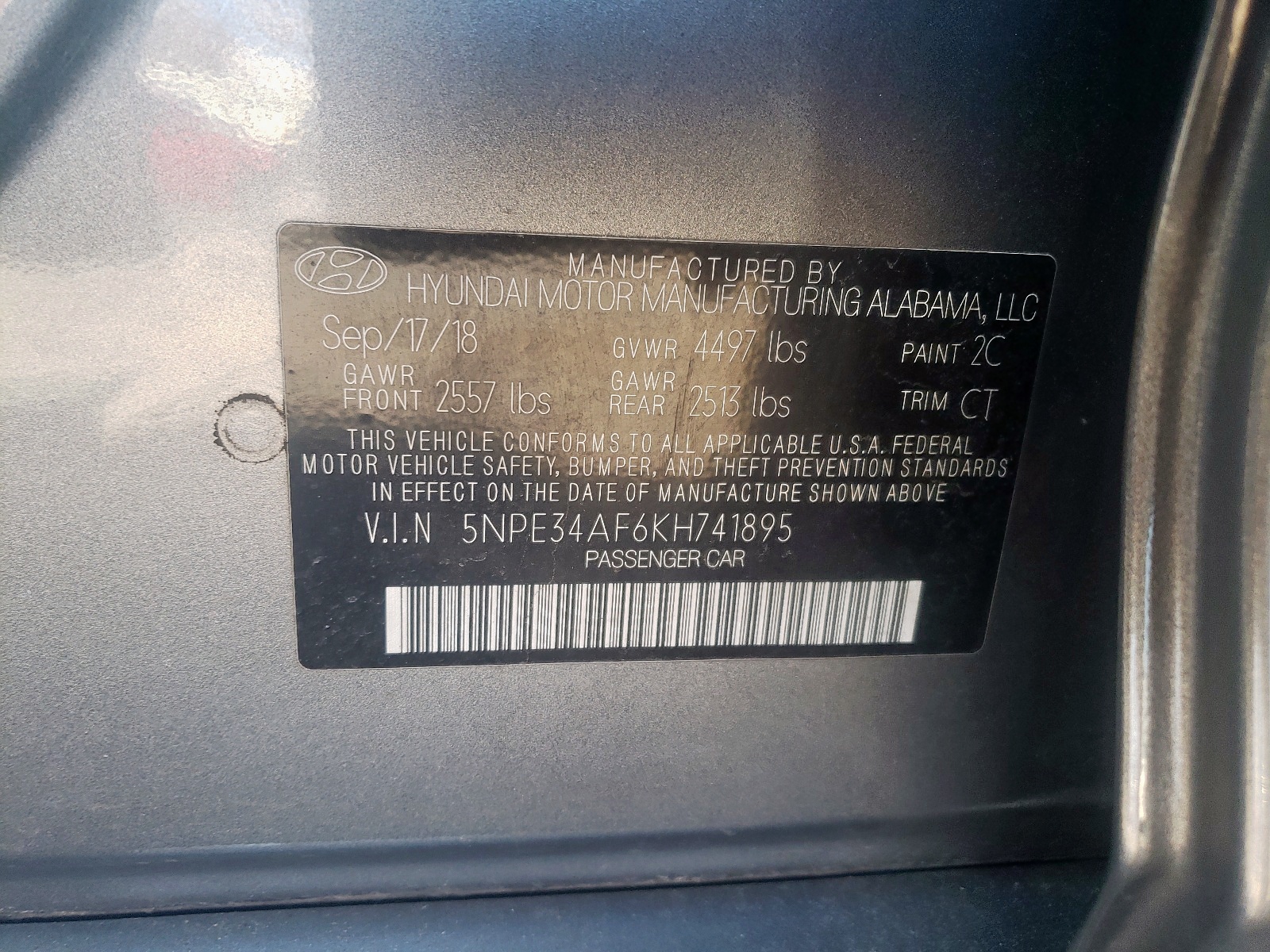 Photo 10 from auction – 2019 HYUNDAI SONATA LIM with VIN 5NPE34AF6KH741895