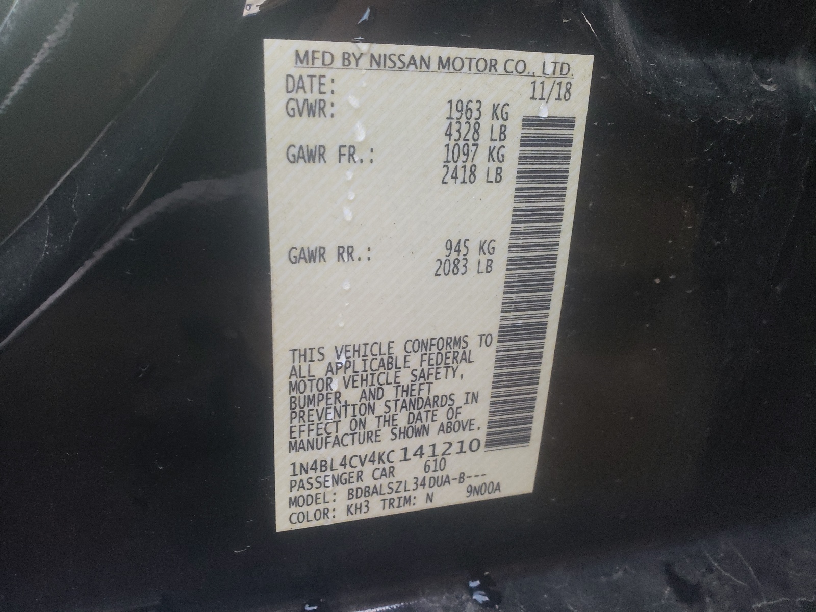 Photo 10 from auction – 2019 NISSAN ALTIMA SR with VIN 1N4BL4CV4KC141210