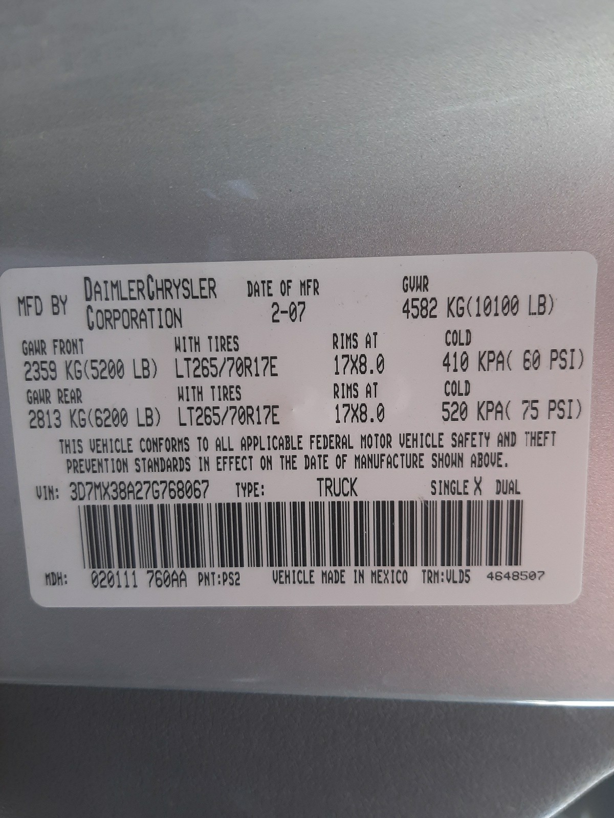 Photo 10 from auction – 2007 DODGE RAM 3500 S with VIN 3D7MX38A27G768067