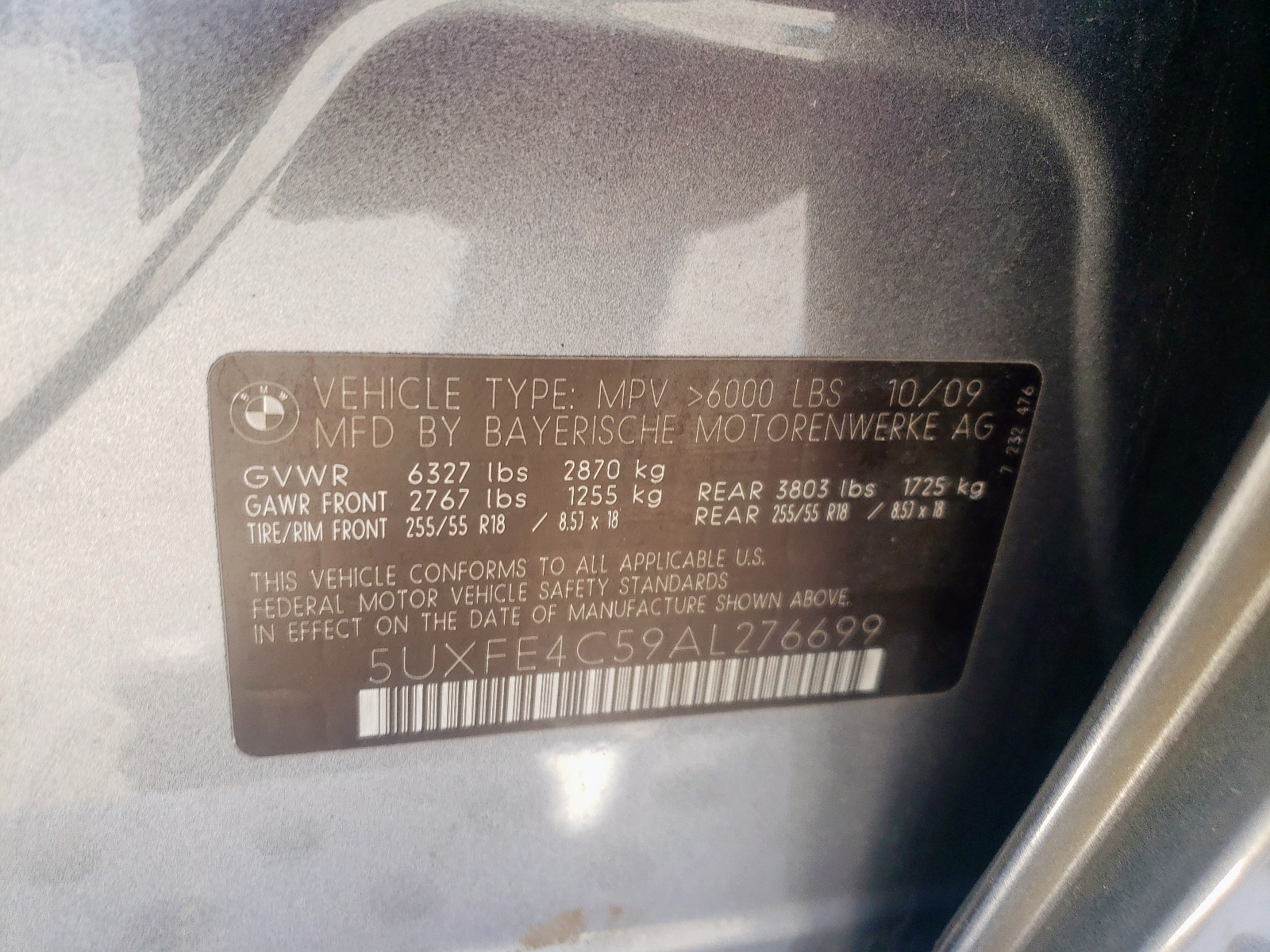 Photo 10 from auction – 2010 BMW X5 XDRIVE3 with VIN 5UXFE4C59AL276699
