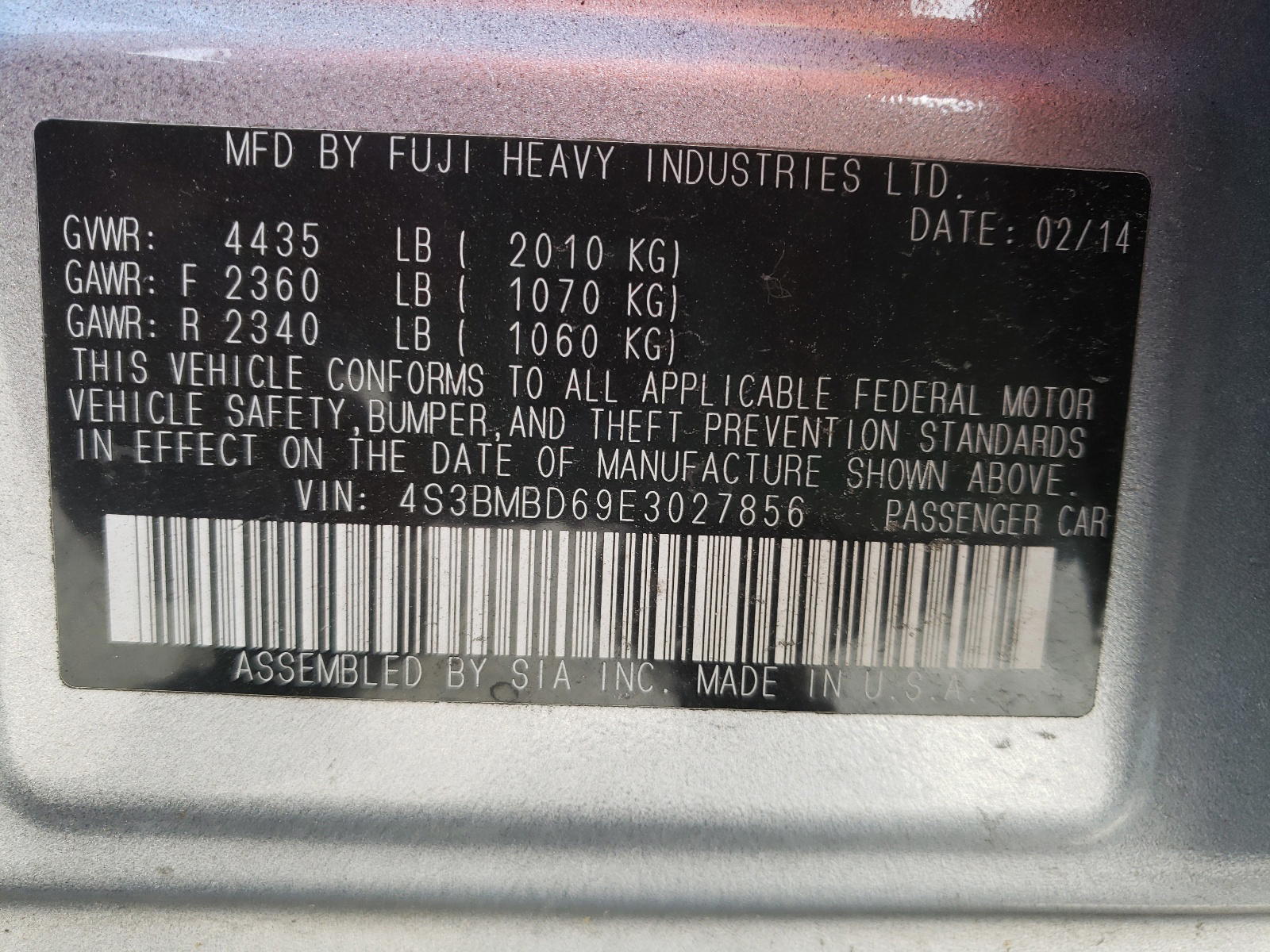 Photo 10 from auction – 2014 SUBARU LEGACY 2.5 with VIN 4S3BMBD69E3027856