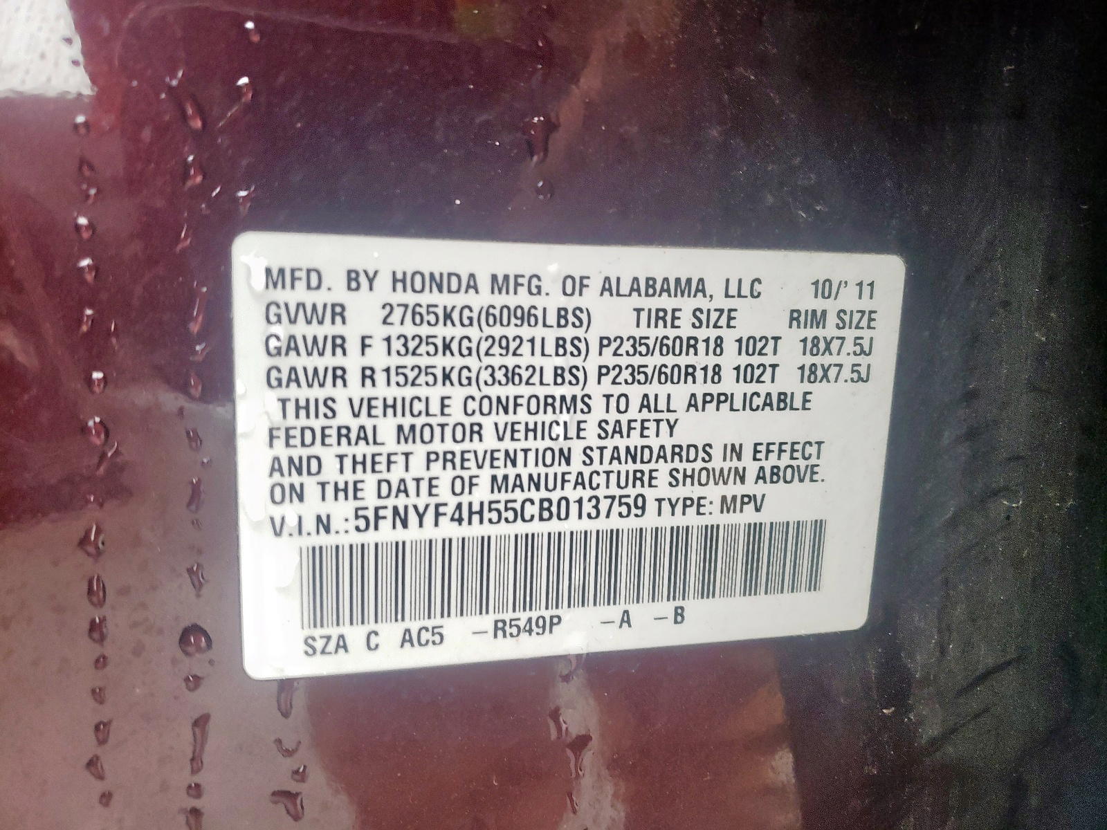 Photo 10 from auction – 2012 HONDA PILOT EXL with VIN 5FNYF4H55CB013759