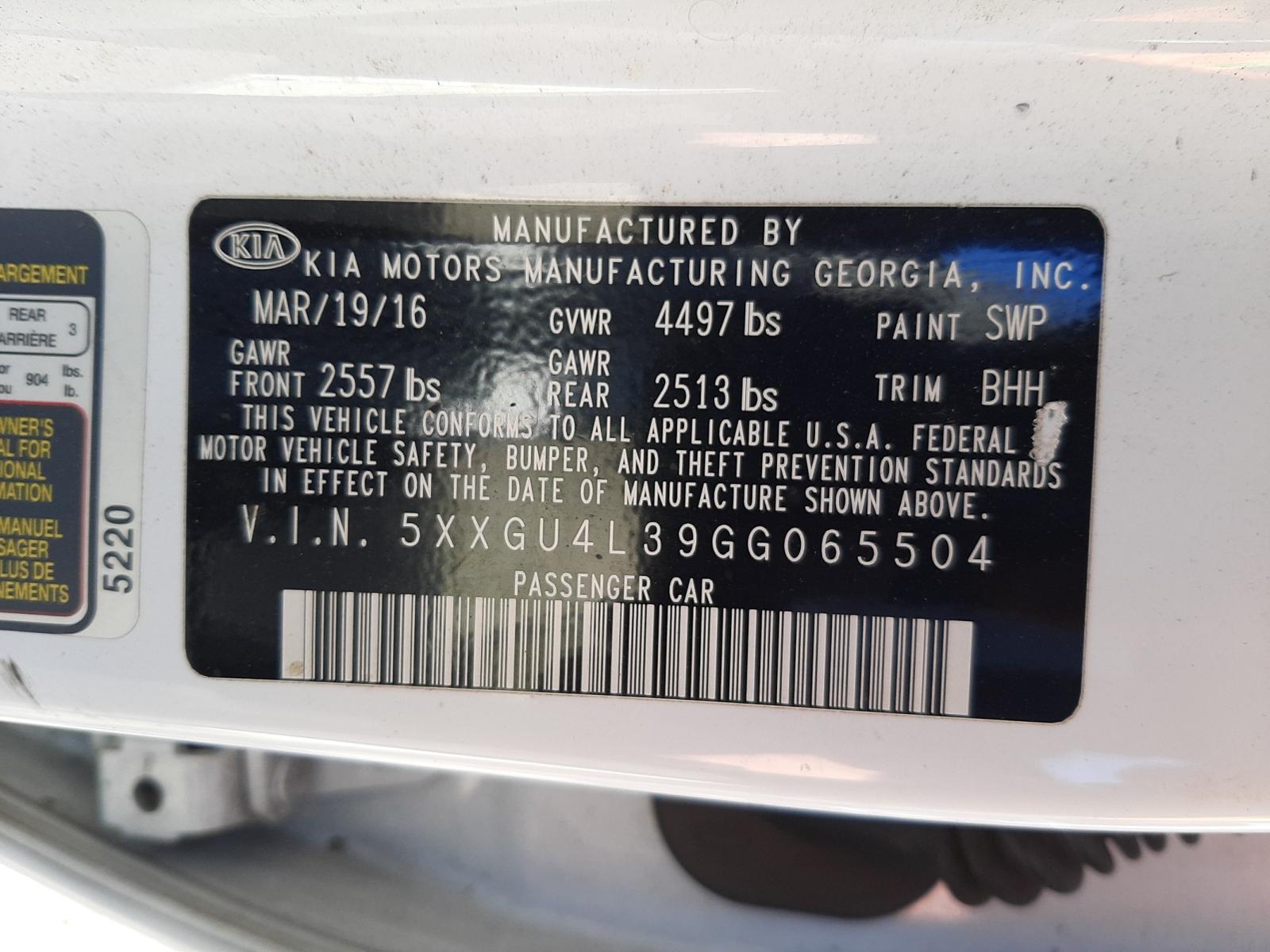 Photo 10 from auction – 2016 KIA OPTIMA EX with VIN 5XXGU4L39GG065504