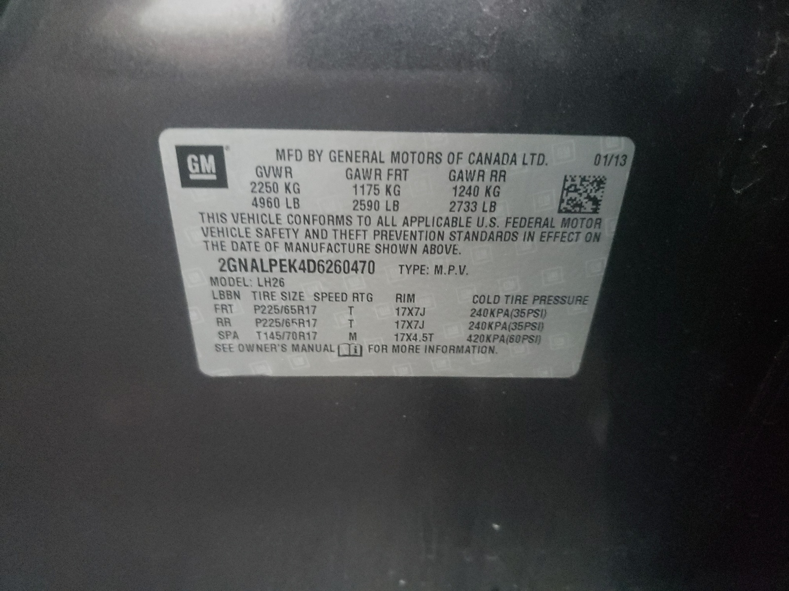 Photo 10 from auction – 2013 CHEVROLET EQUINOX LT with VIN 2GNALPEK4D6260470