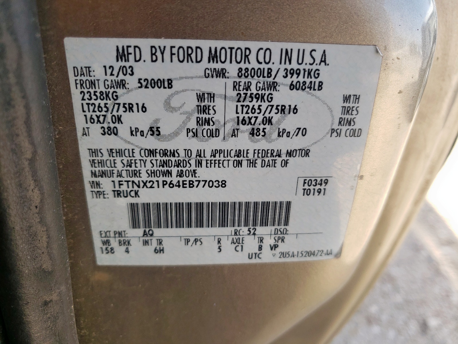 Photo 10 from auction – 2004 FORD F250 SUPER with VIN 1FTNX21P64EB77038