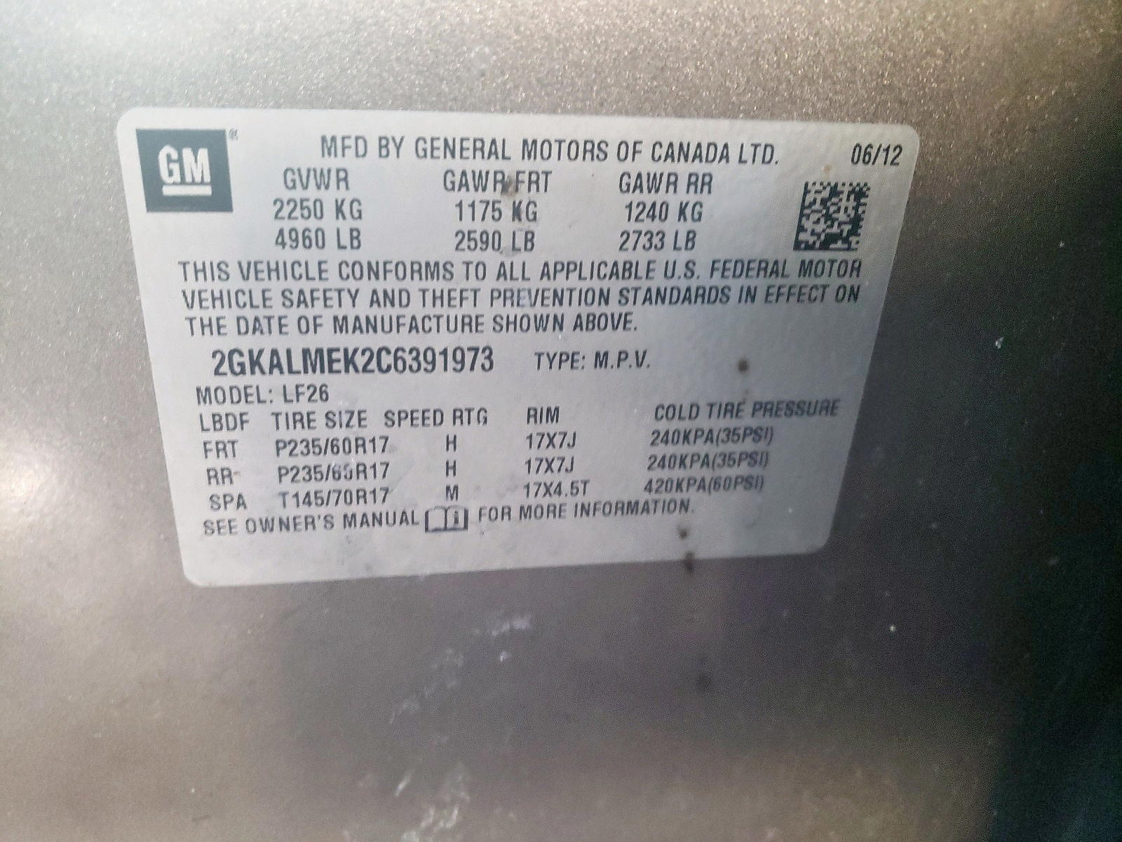 Photo 10 from auction – 2012 GMC TERRAIN SL with VIN 2GKALMEK2C6391973
