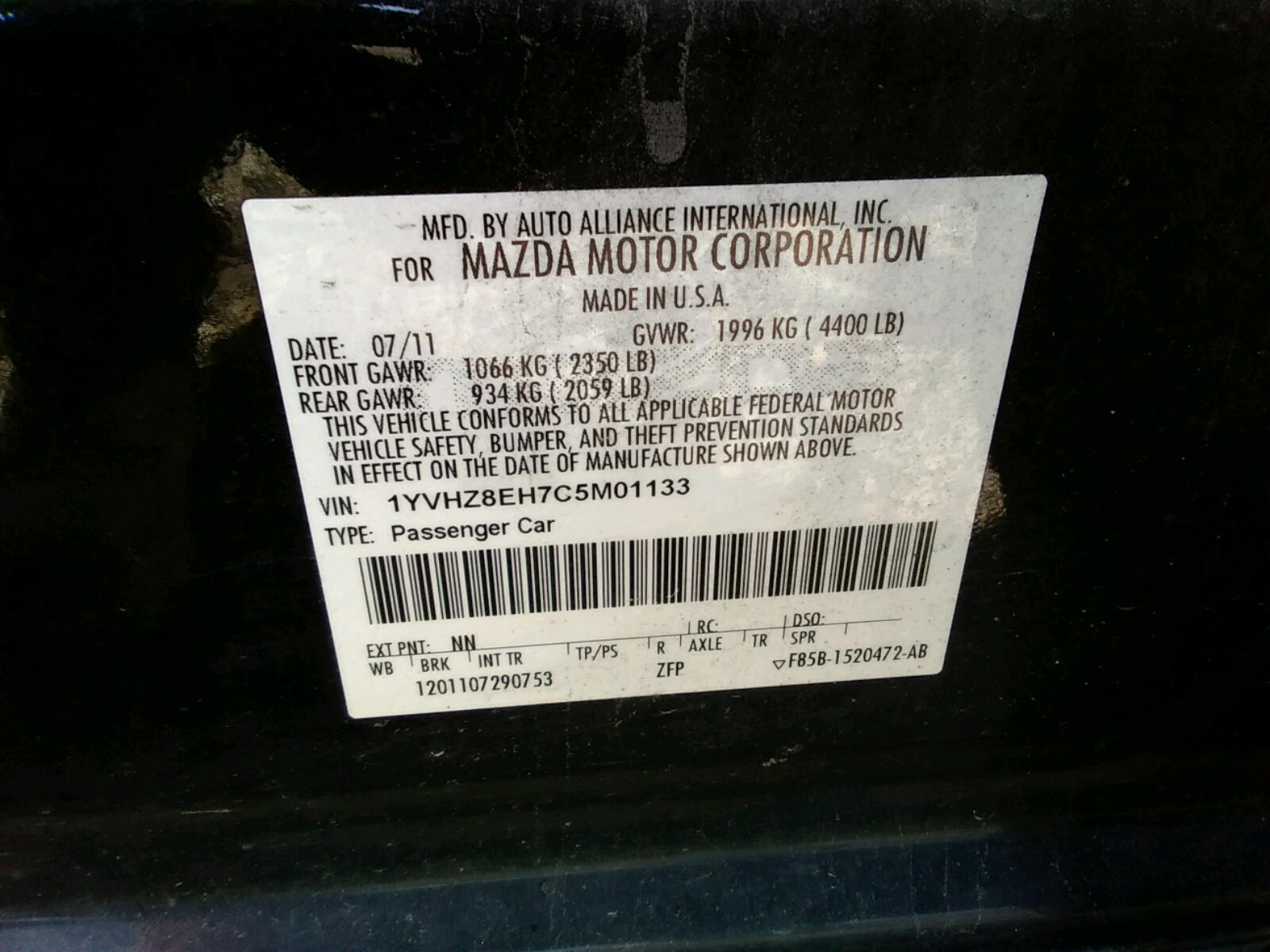 Photo 10 from auction – 2012 MAZDA 6 I with VIN 1YVHZ8EH7C5M01133