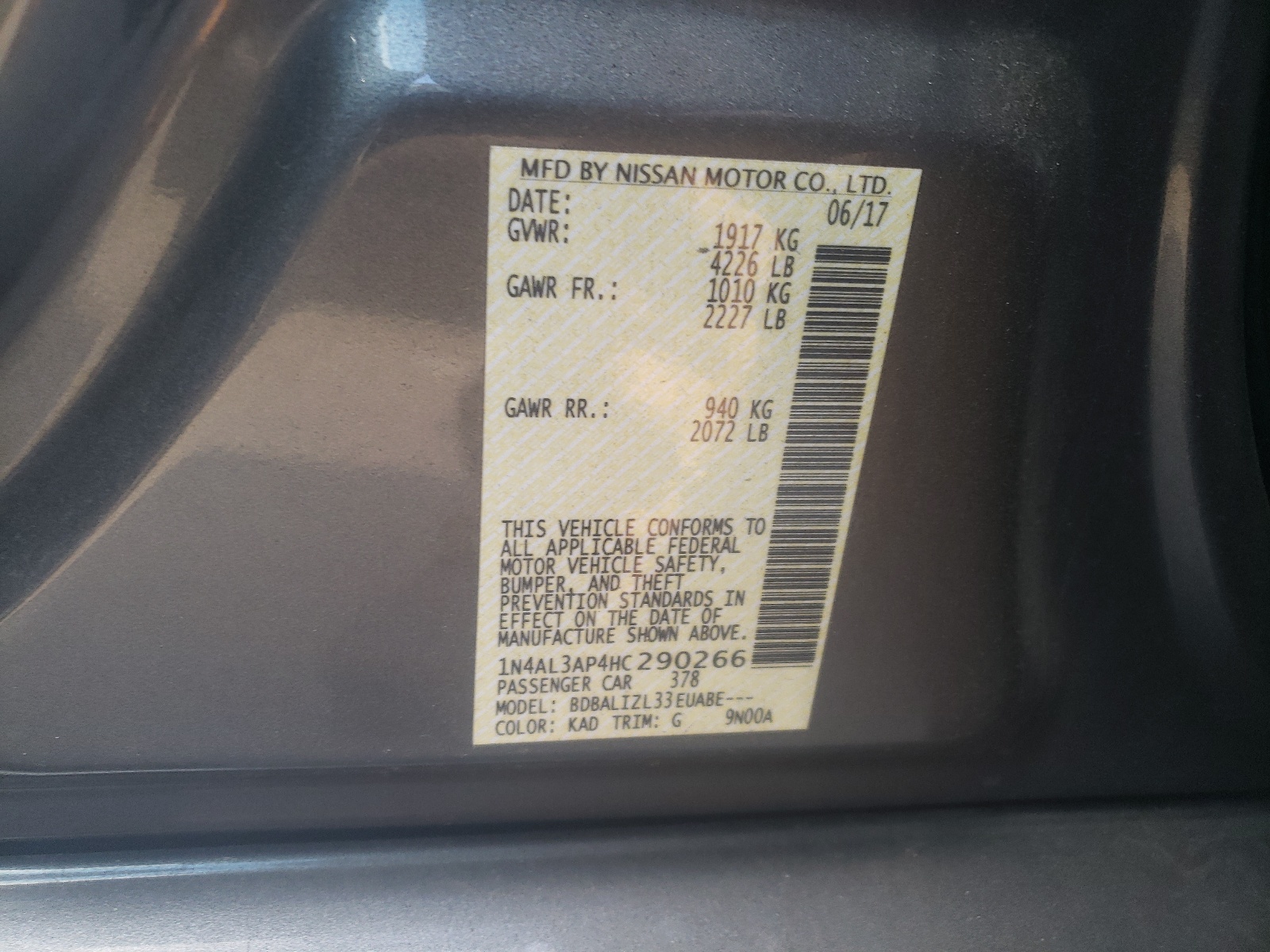 Photo 10 from auction – 2017 NISSAN ALTIMA 2.5 with VIN 1N4AL3AP4HC290266