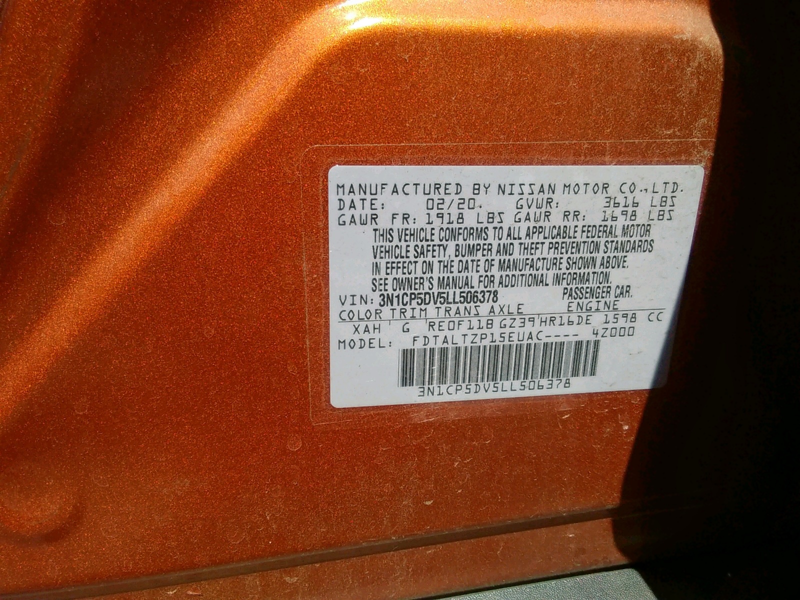 Photo 10 from auction – 2020 NISSAN KICKS SR with VIN 3N1CP5DV5LL506378