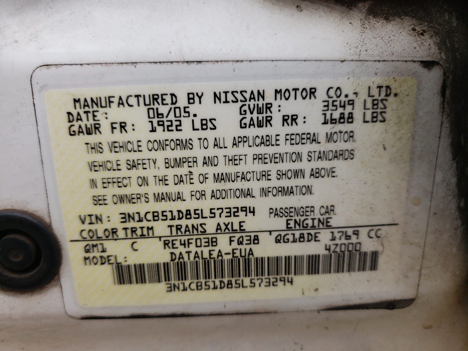 Photo 10 from auction – 2005 NISSAN SENTRA 1.8 with VIN 3N1CB51D85L573294