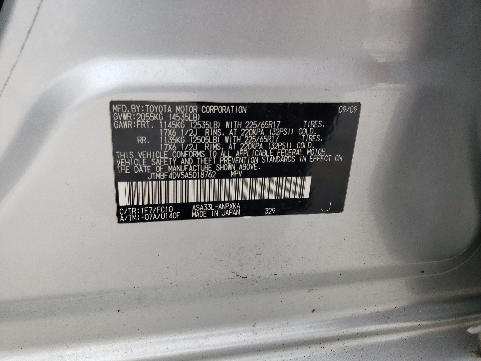 Photo 10 from auction – 2010 TOYOTA RAV 4 with VIN JTMBF4DV5A5018762