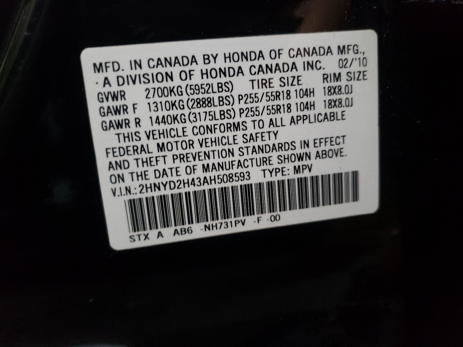 Photo 10 from auction – 2010 ACURA MDX TECHNO with VIN 2HNYD2H43AH508593