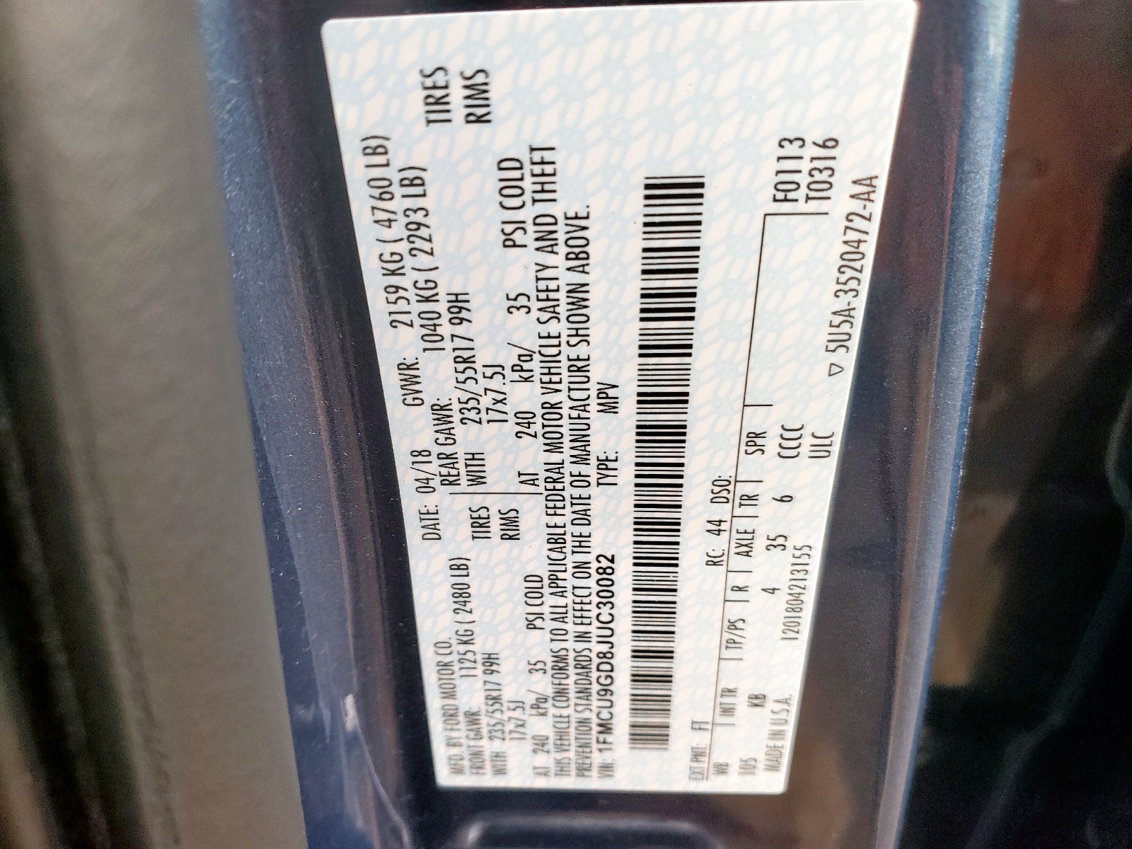 Photo 10 from auction – 2018 FORD ESCAPE SE with VIN 1FMCU9GD8JUC30082