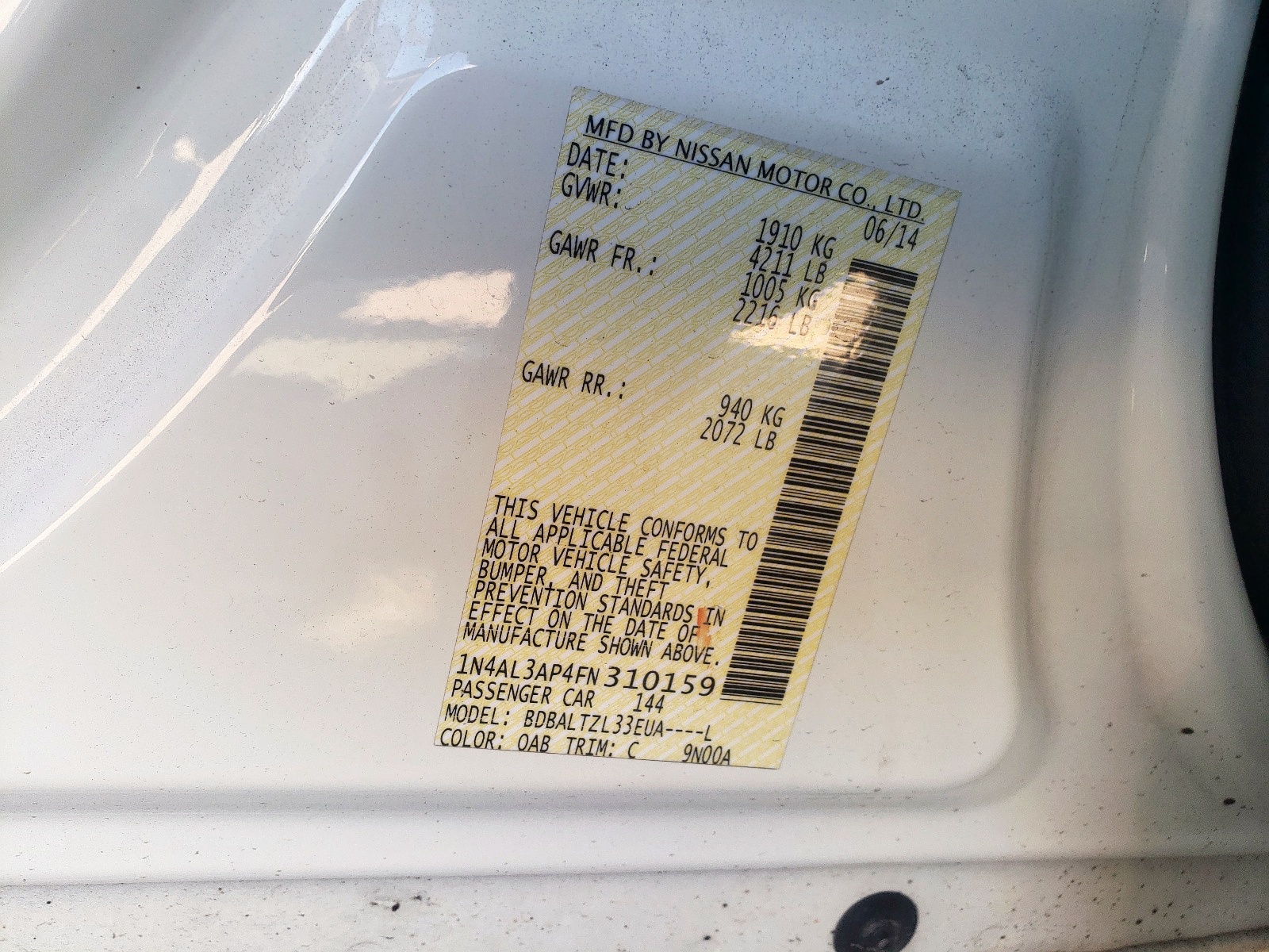 Photo 10 from auction – 2015 NISSAN ALTIMA 2.5 with VIN 1N4AL3AP4FN310159