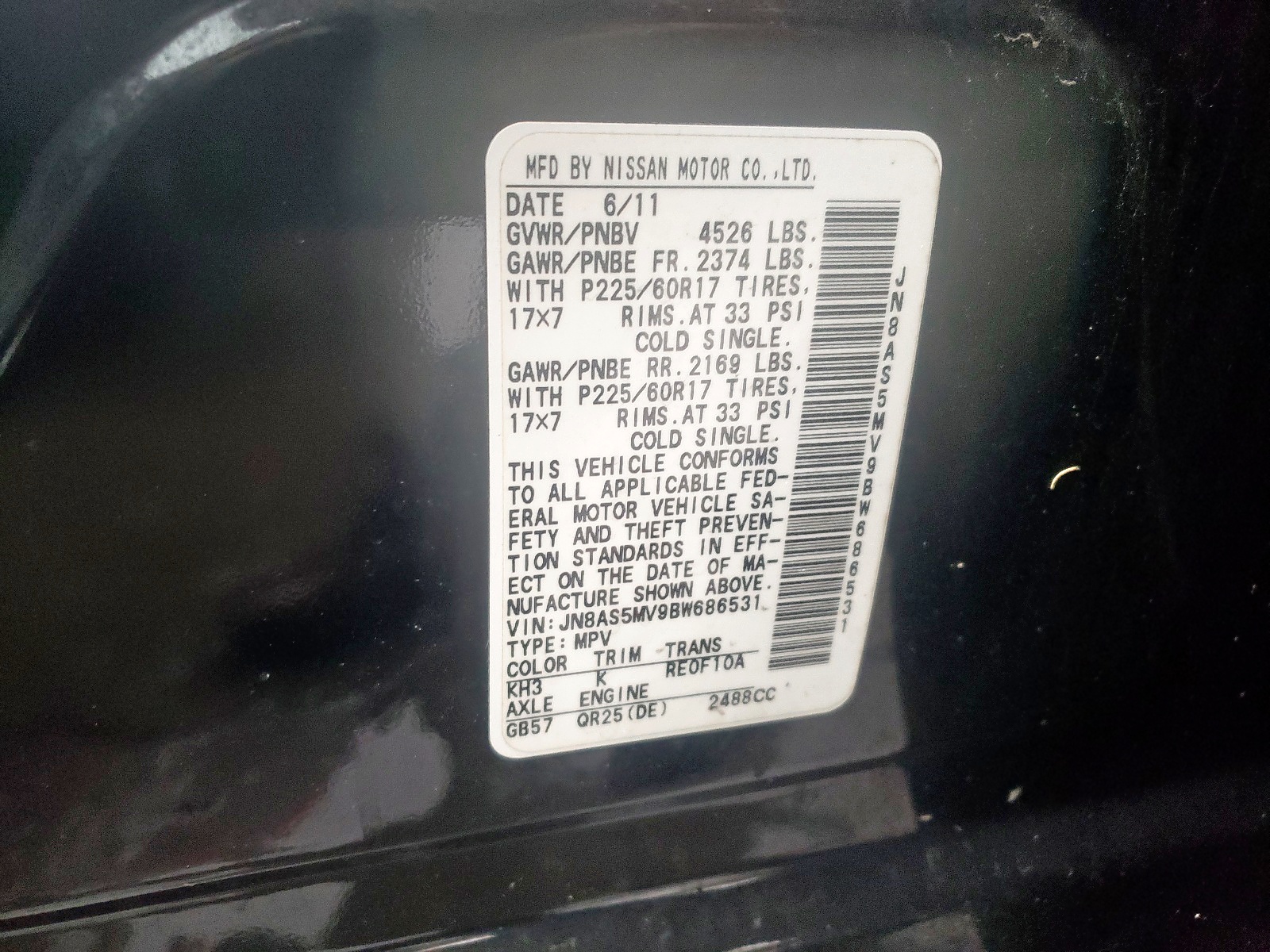 Photo 10 from auction – 2011 NISSAN ROGUE S with VIN JN8AS5MV9BW686531