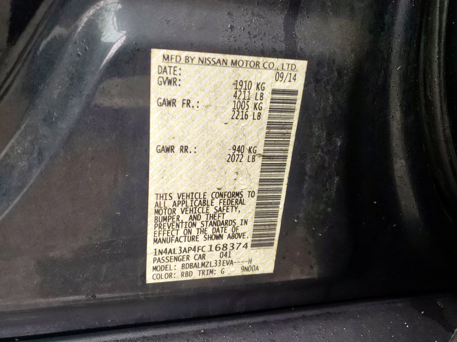 Photo 10 from auction – 2015 NISSAN ALTIMA 2.5 with VIN 1N4AL3AP4FC168374