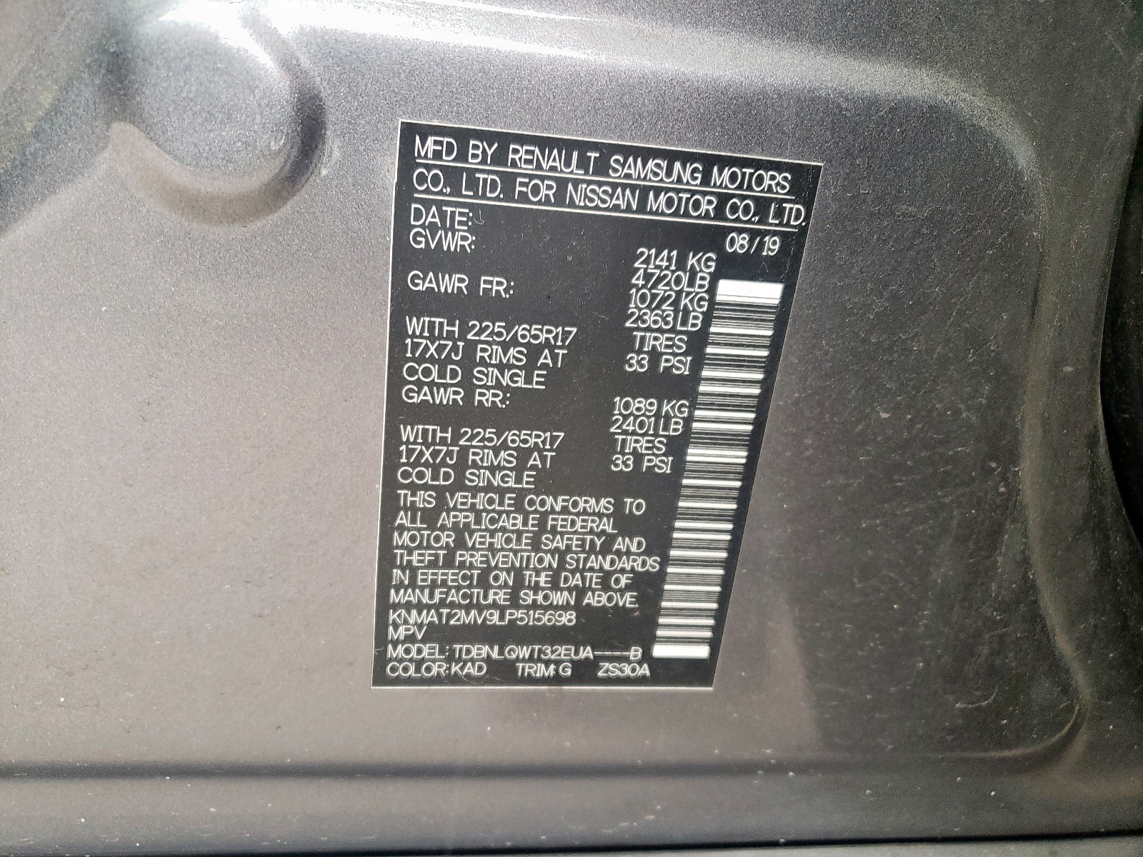 Photo 10 from auction – 2020 NISSAN ROGUE S with VIN KNMAT2MV9LP515698