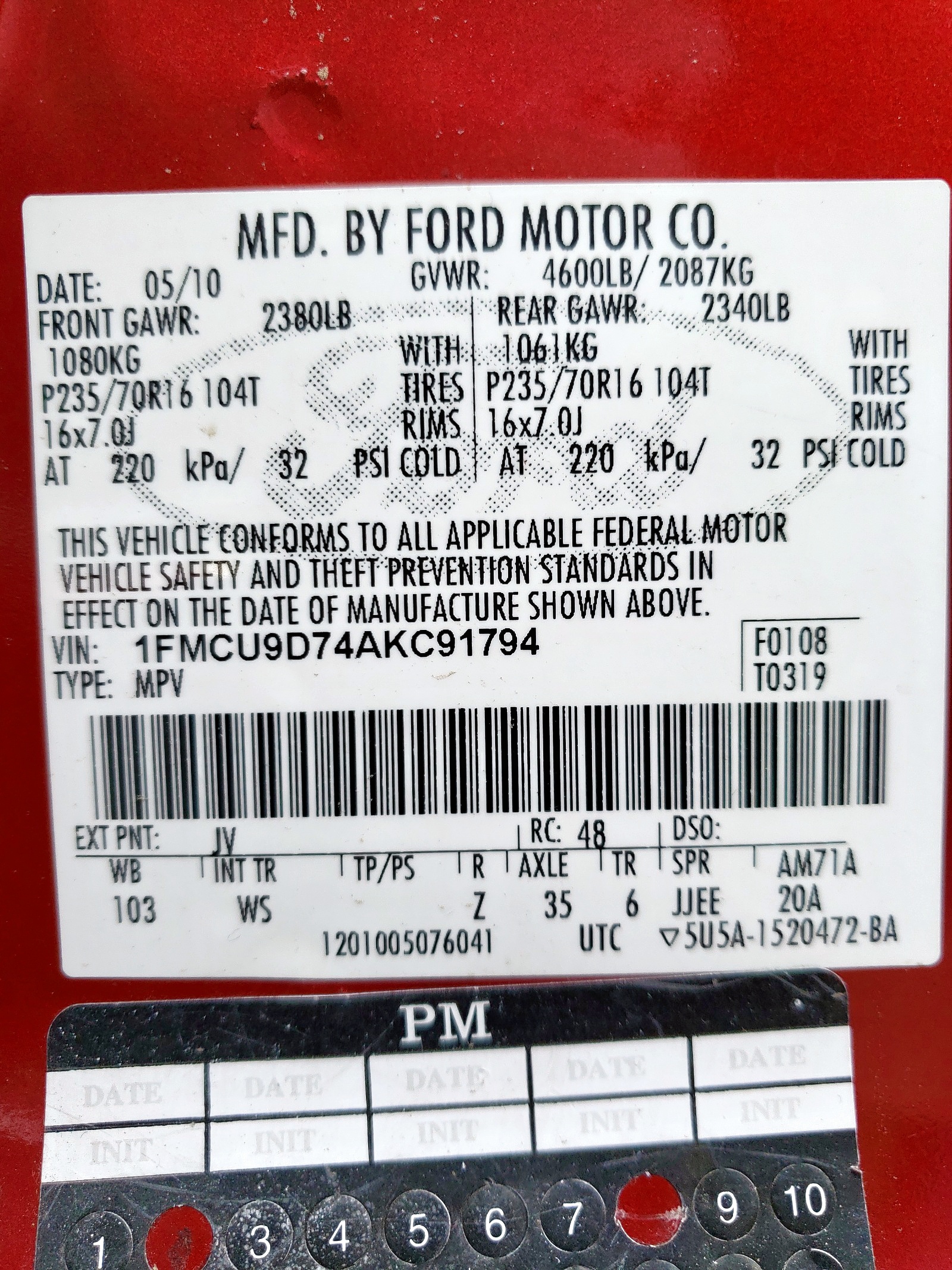 Photo 10 from auction – 2010 FORD ESCAPE XLT with VIN 1FMCU9D74AKC91794