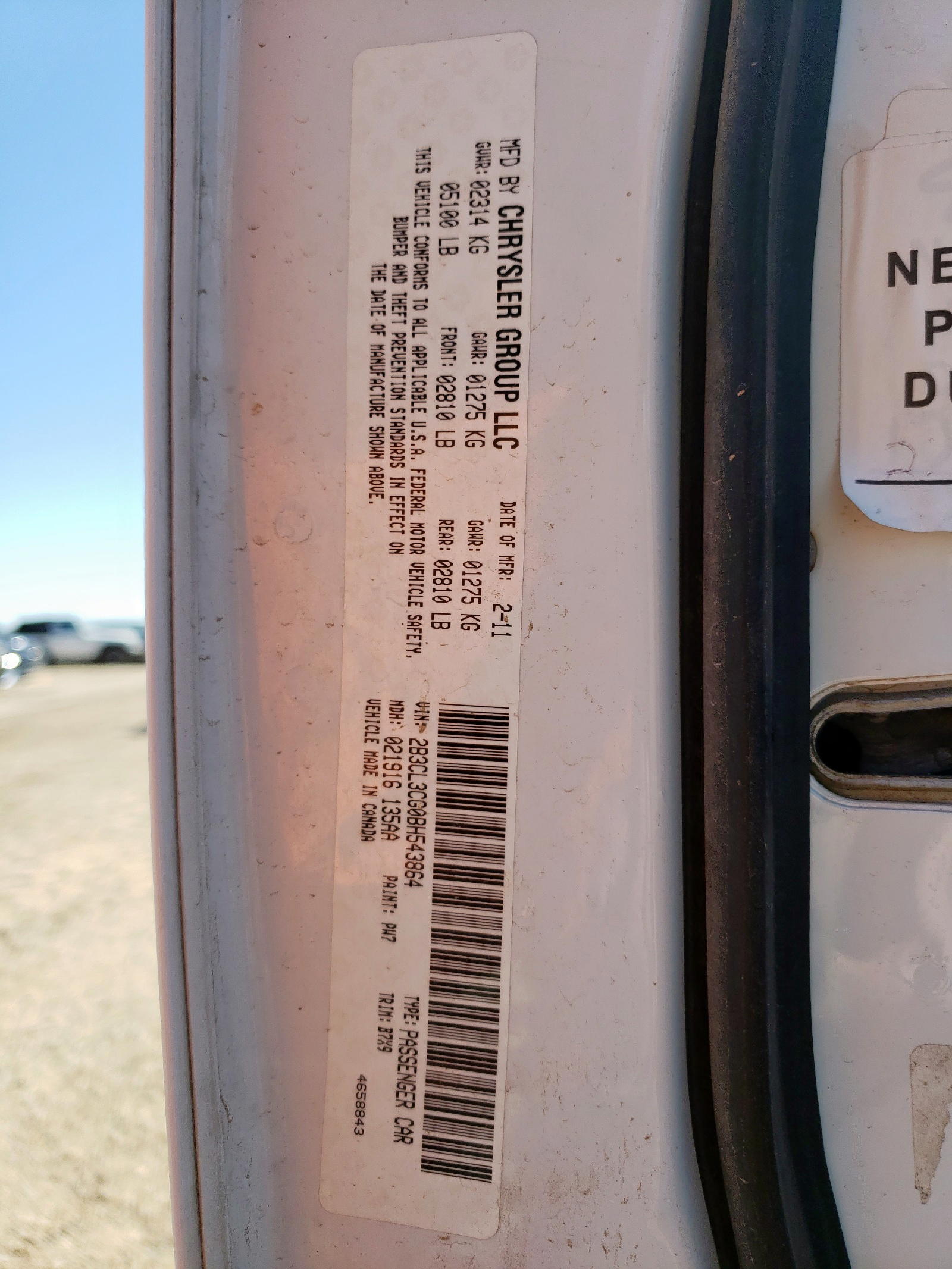 Photo 10 from auction – 2011 DODGE CHARGER with VIN 2B3CL3CG0BH543864