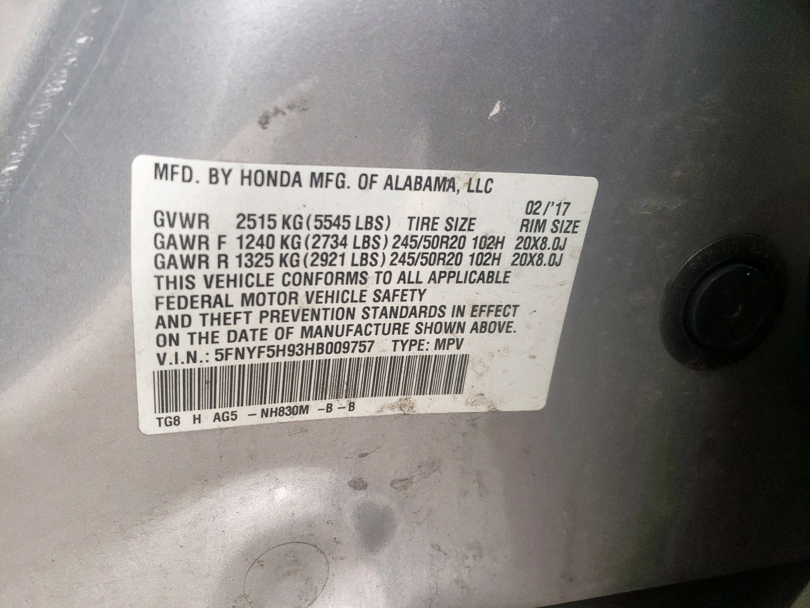 Photo 10 from auction – 2017 HONDA PILOT TOUR with VIN 5FNYF5H93HB009757