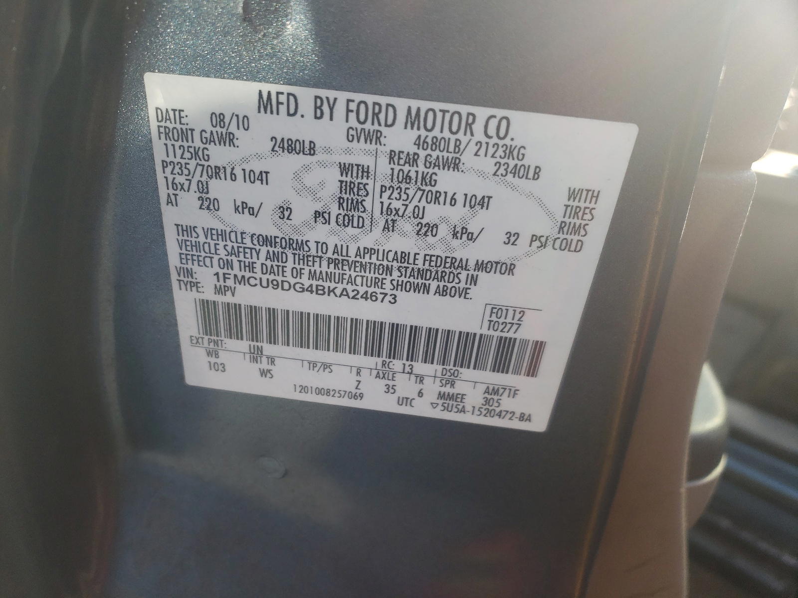 Photo 10 from auction – 2011 FORD ESCAPE with VIN 1FMCU9DG4BKA24673