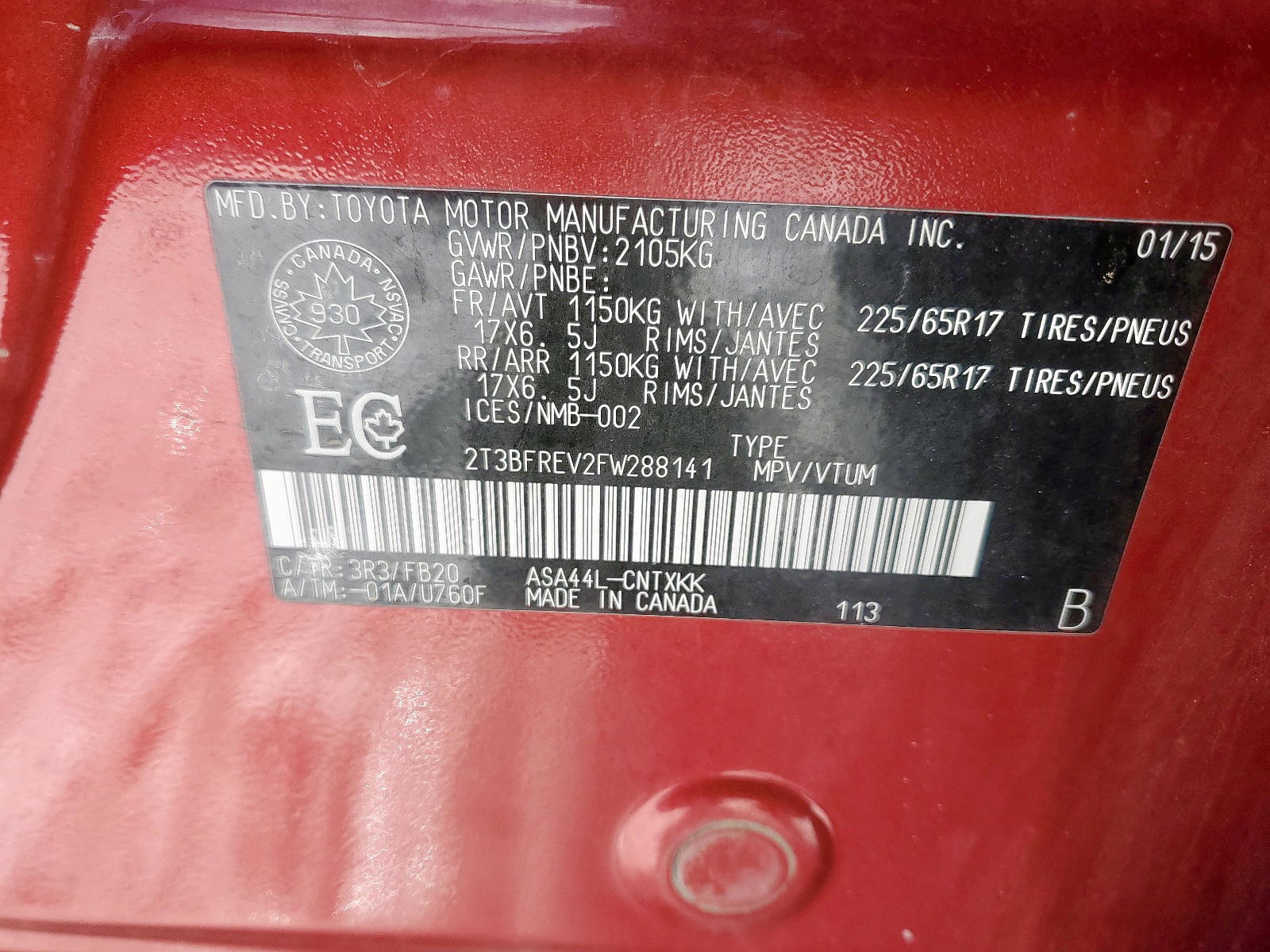 Photo 10 from auction – 2015 TOYOTA RAV4 LE with VIN 2T3BFREV2FW288141