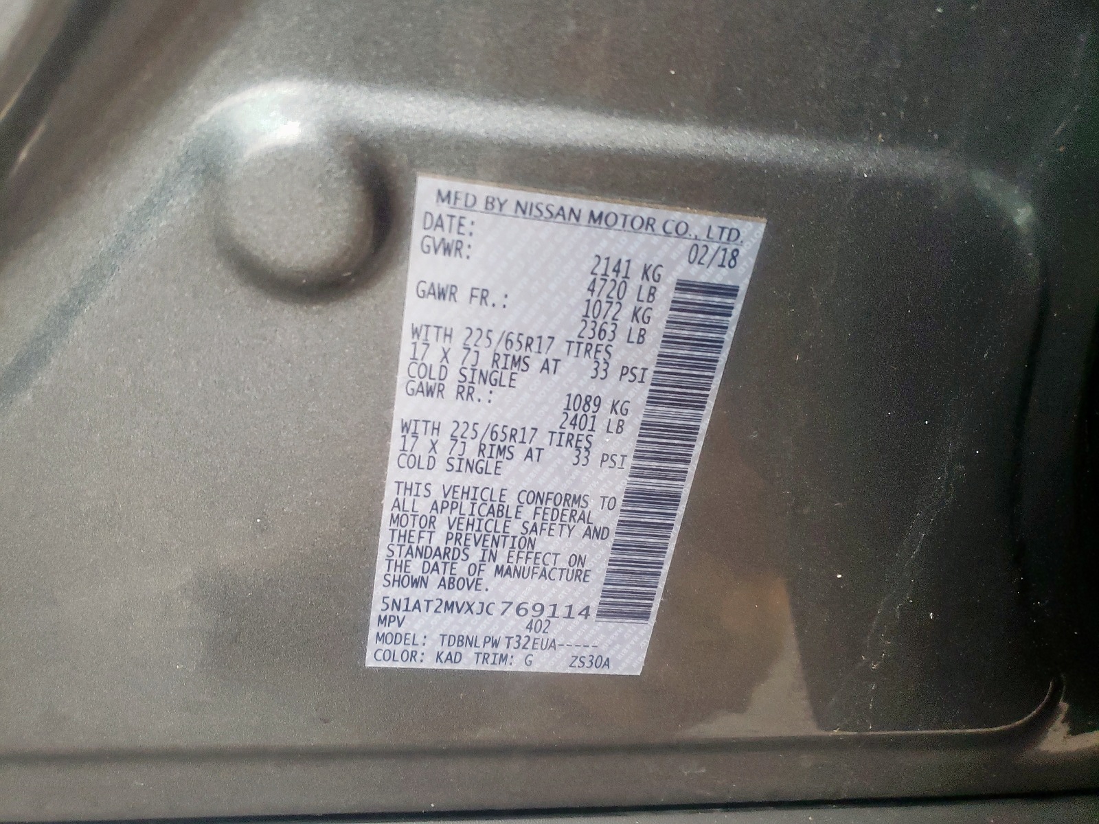 Photo 10 from auction – 2018 NISSAN ROGUE S with VIN 5N1AT2MVXJC769114