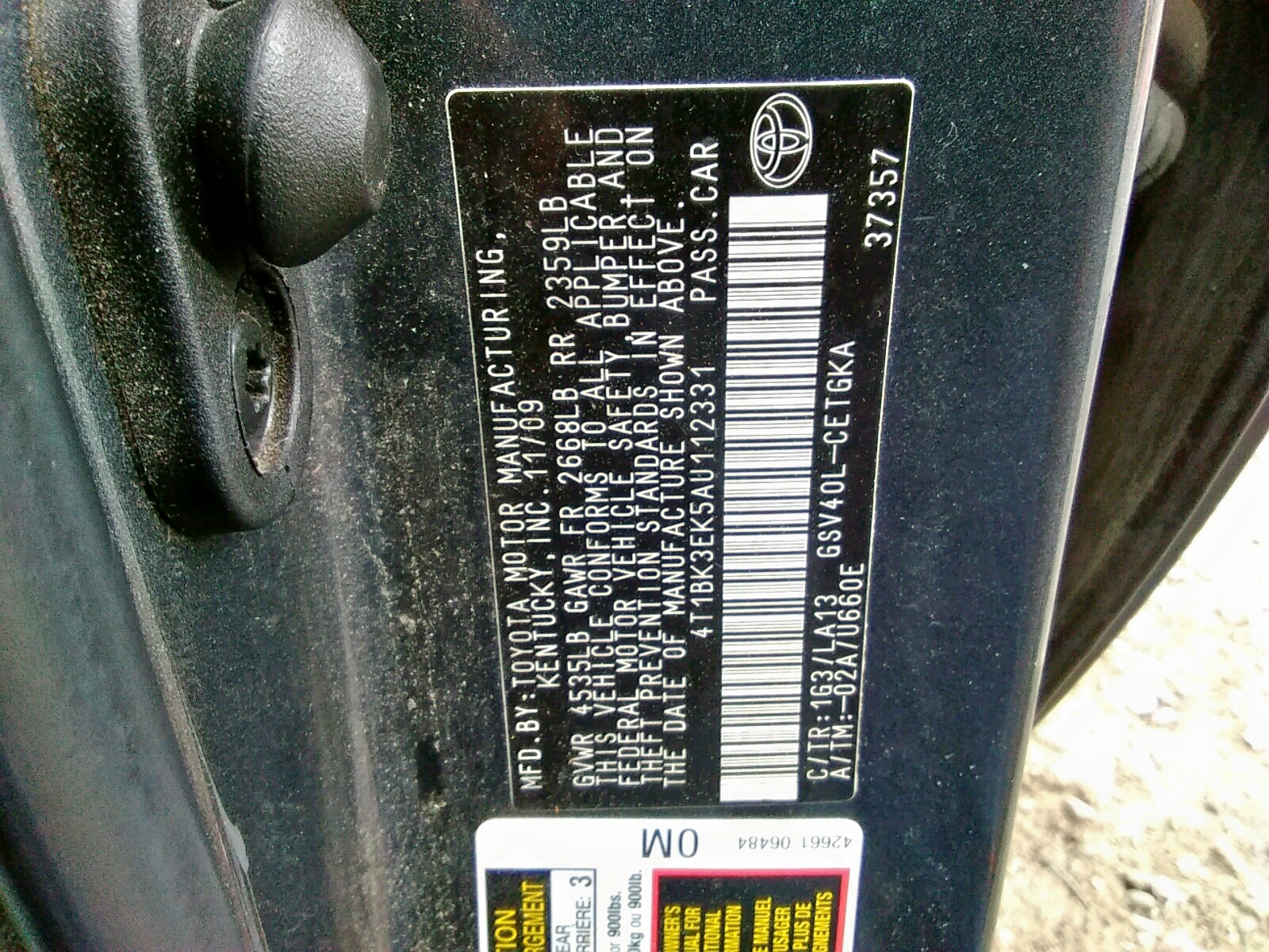 Photo 10 from auction – 2010 TOYOTA CAMRY SE with VIN 4T1BK3EK5AU112331