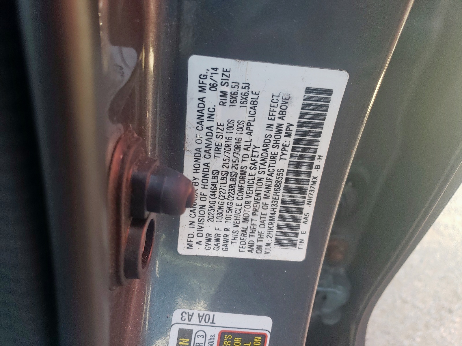 Photo 10 from auction – 2014 HONDA CR-V LX with VIN 2HKRM4H33EH688555