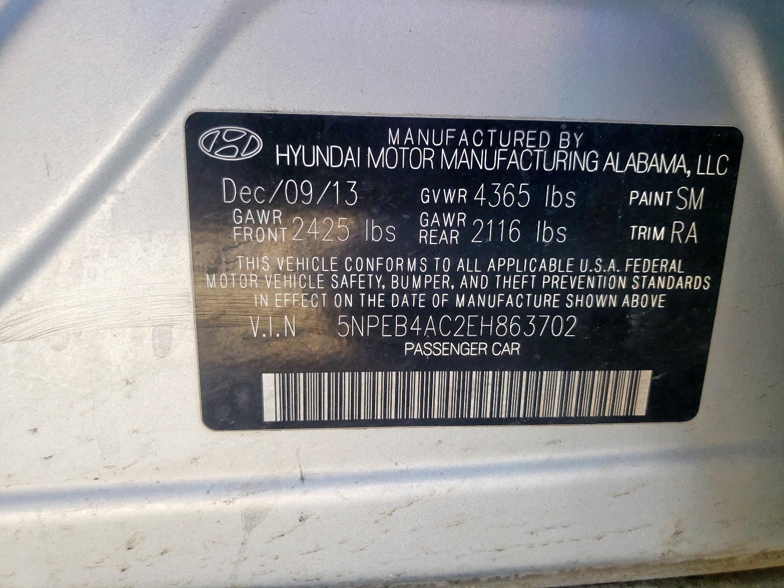 Photo 10 from auction – 2014 HYUNDAI SONATA GLS with VIN 5NPEB4AC2EH863702
