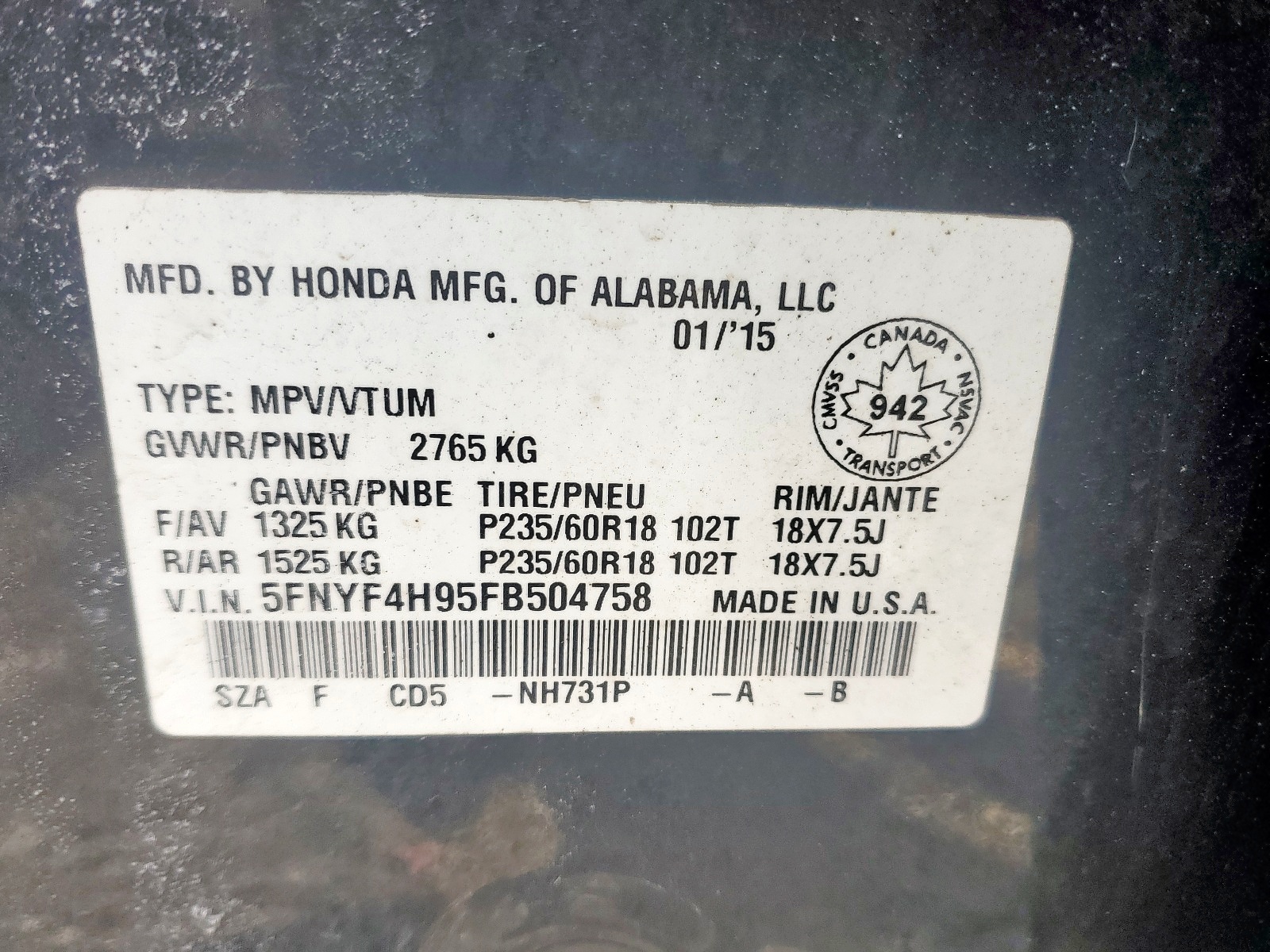 Photo 10 from auction – 2015 HONDA PILOT TOUR with VIN 5FNYF4H95FB504758