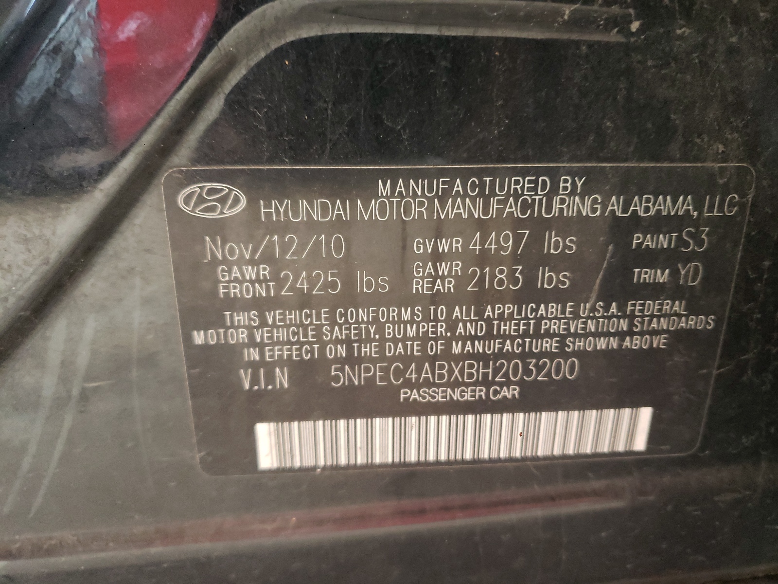 Photo 10 from auction – 2011 HYUNDAI SONATA SE with VIN 5NPEC4ABXBH203200